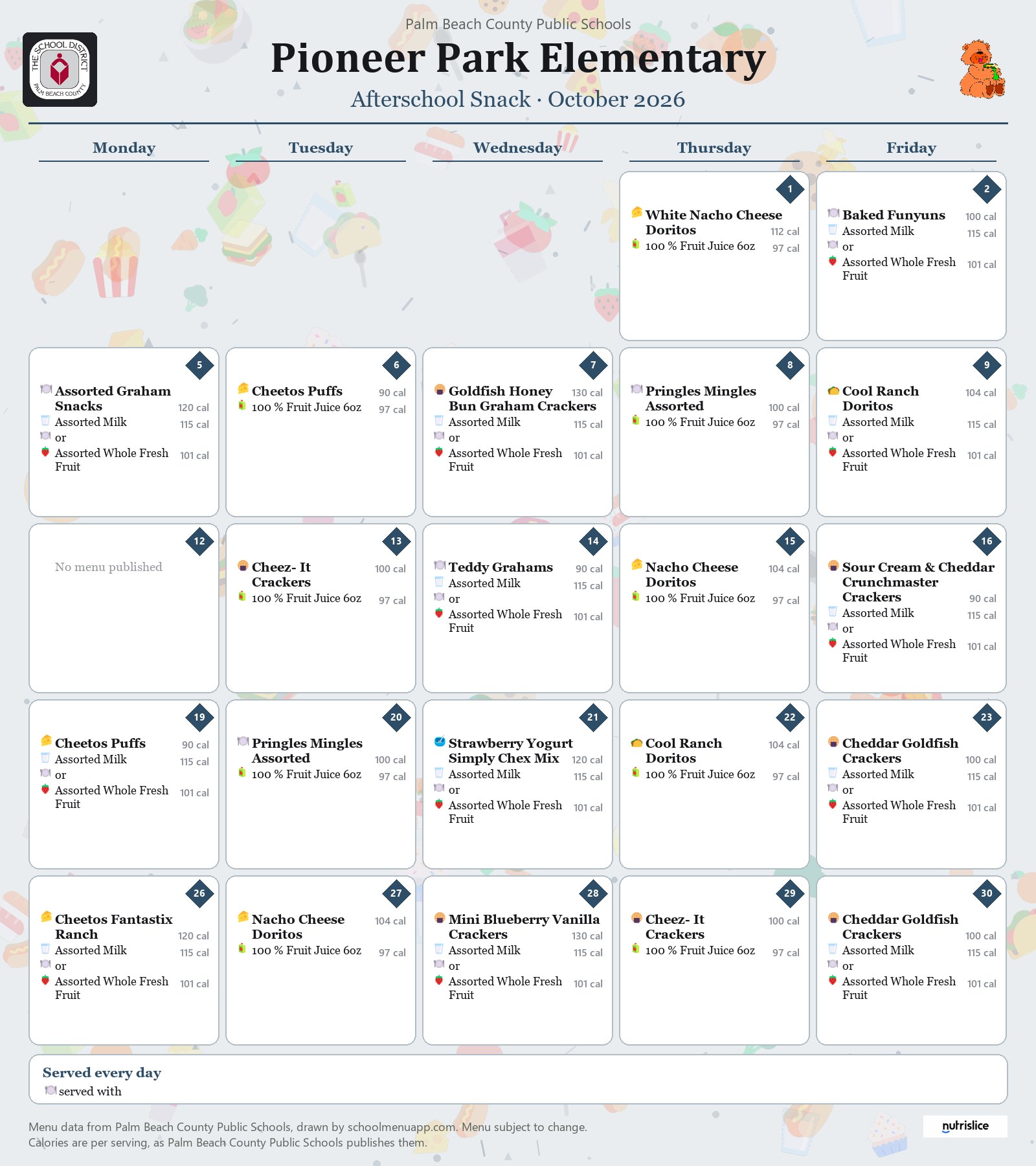 Pioneer Park Elementary afterschool snack menu for October 2026, Palm Beach County Public Schools