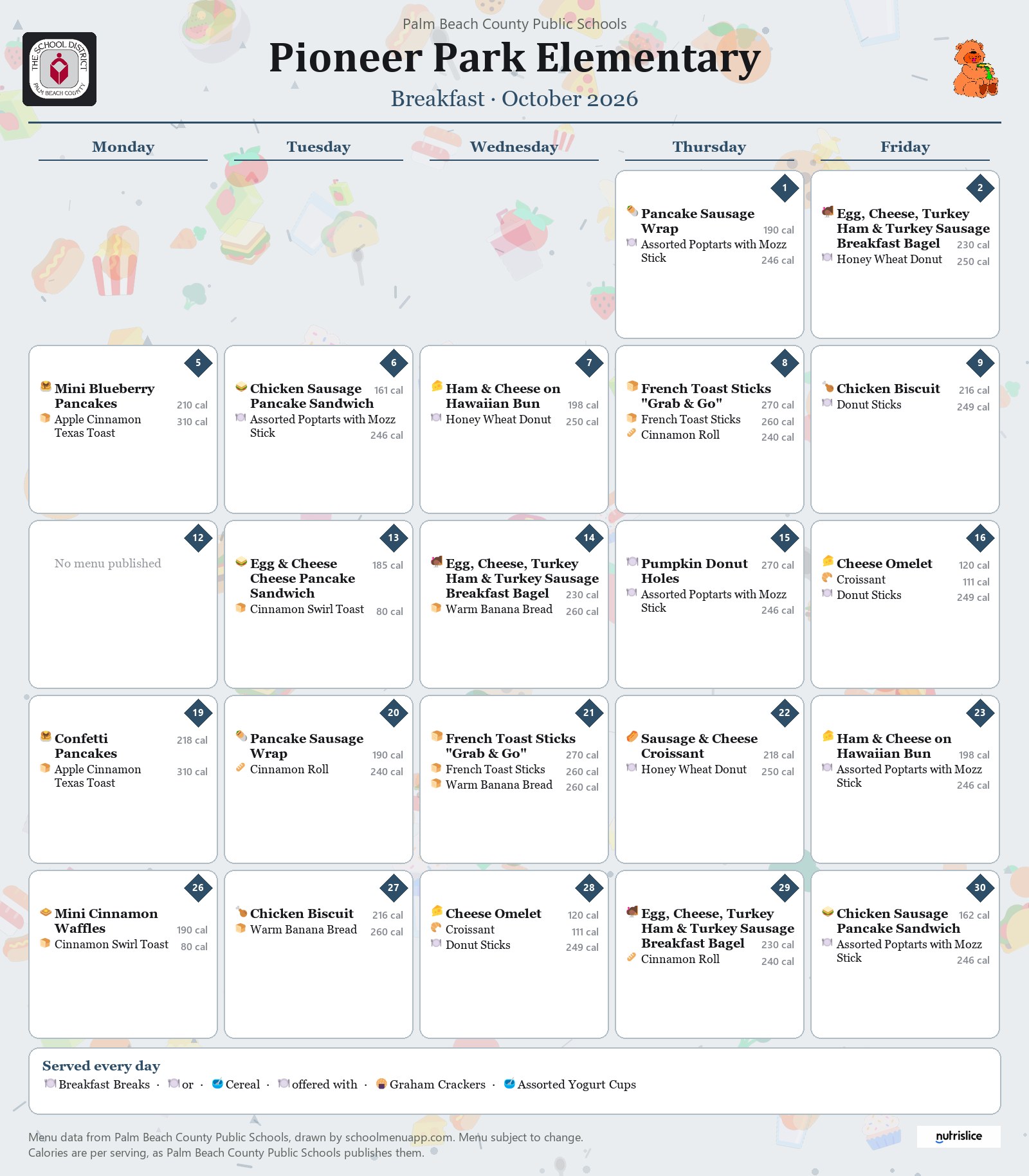Pioneer Park Elementary breakfast menu for October 2026, Palm Beach County Public Schools