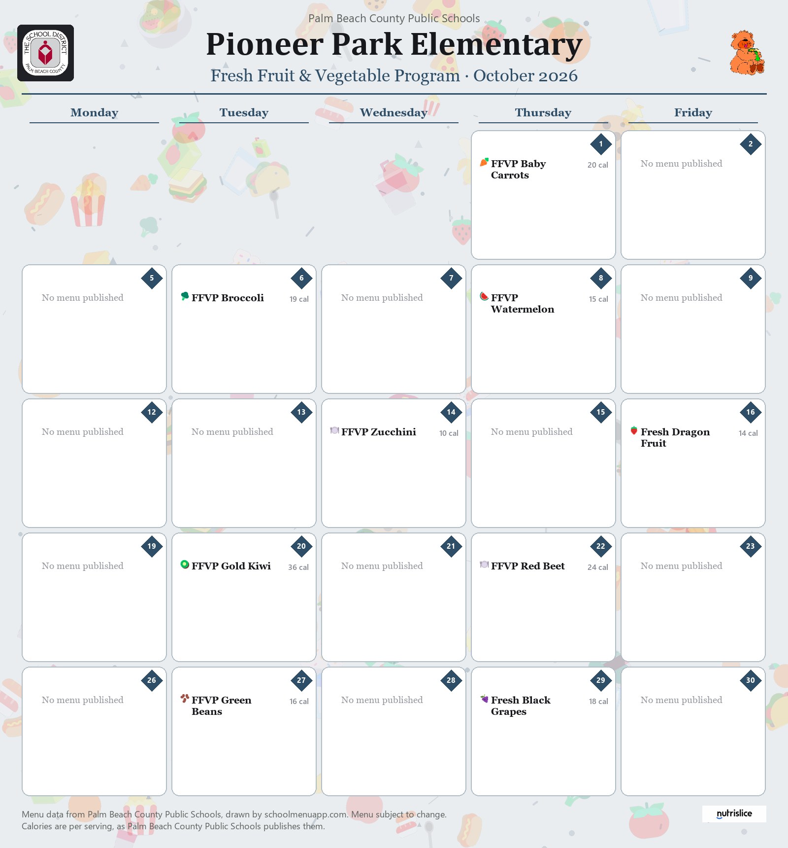 Pioneer Park Elementary fresh fruit & vegetable program menu for October 2026, Palm Beach County Public Schools