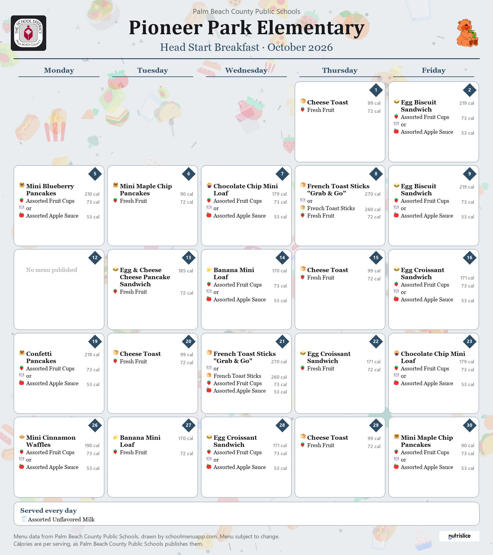 Pioneer Park Elementary head start breakfast menu for October 2026, Palm Beach County Public Schools