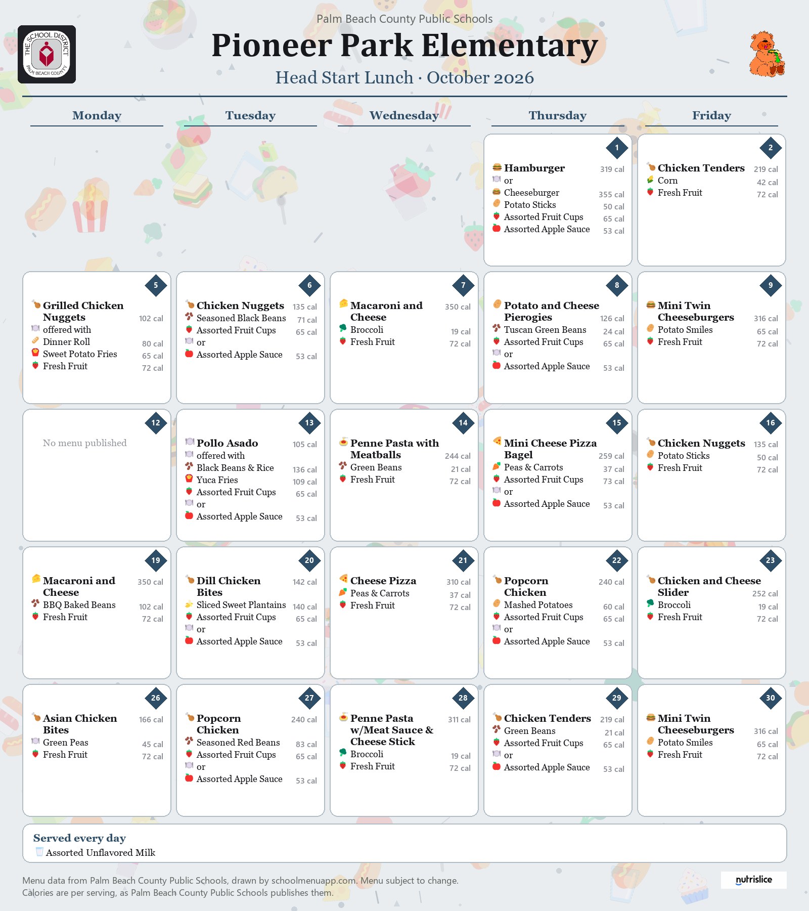 Pioneer Park Elementary head start lunch menu for October 2026, Palm Beach County Public Schools