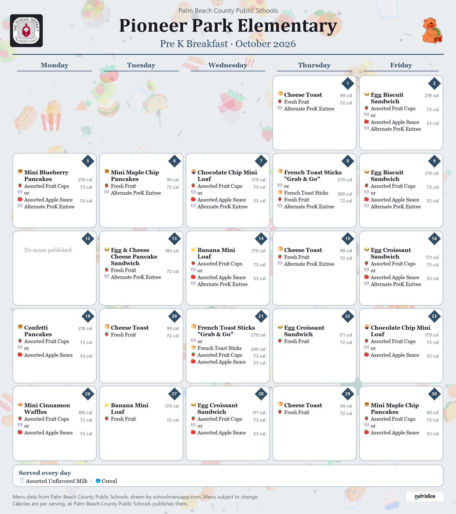 Pioneer Park Elementary pre k breakfast menu for October 2026, Palm Beach County Public Schools