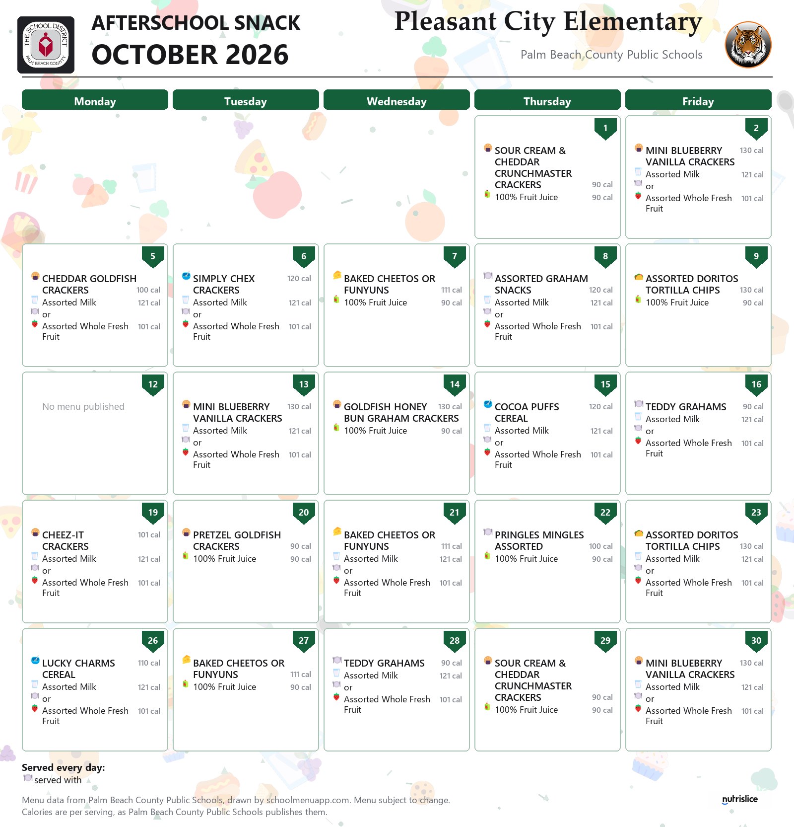 Pleasant City Elementary afterschool snack menu for October 2026, Palm Beach County Public Schools