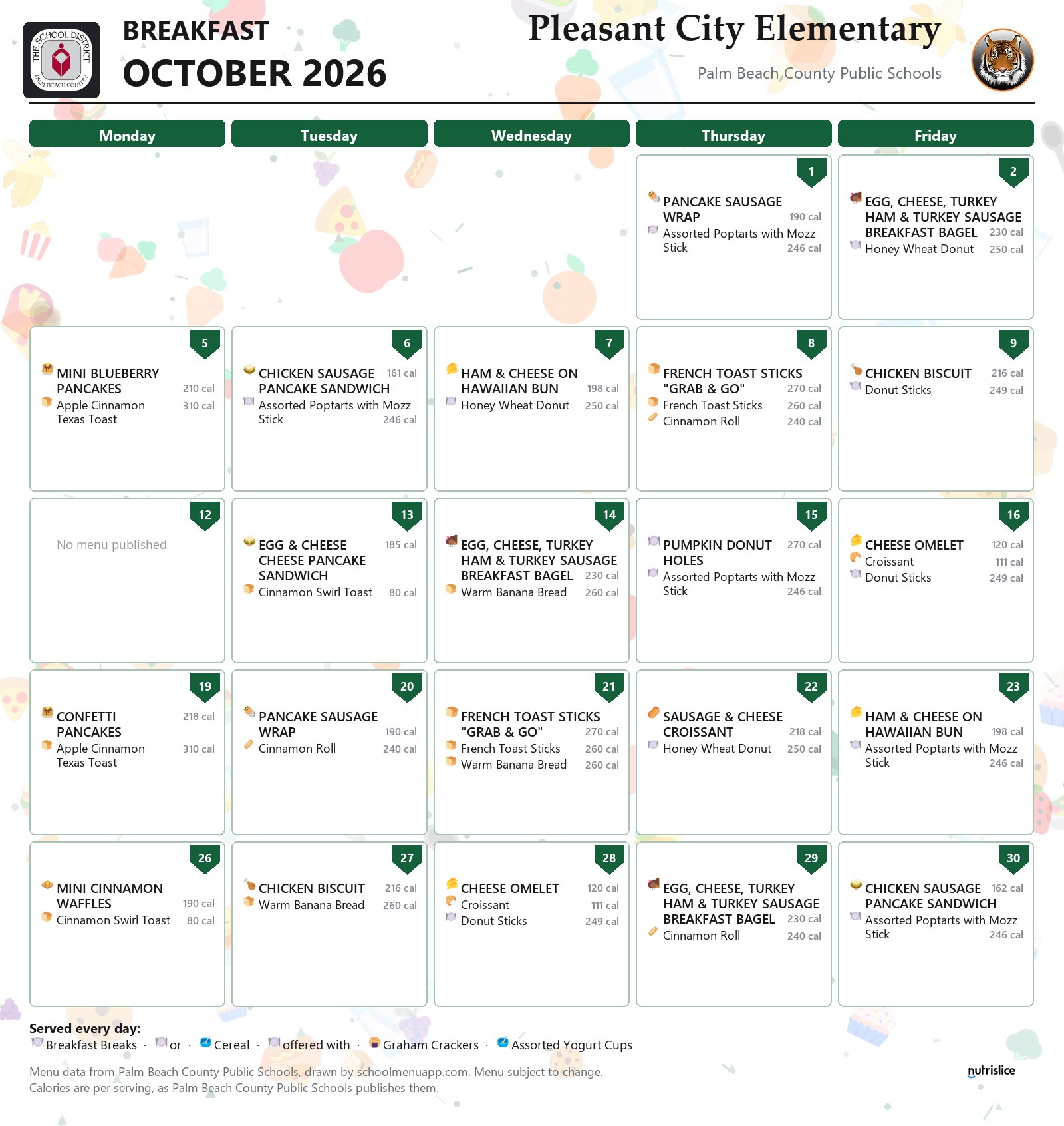 Pleasant City Elementary breakfast menu for October 2026, Palm Beach County Public Schools