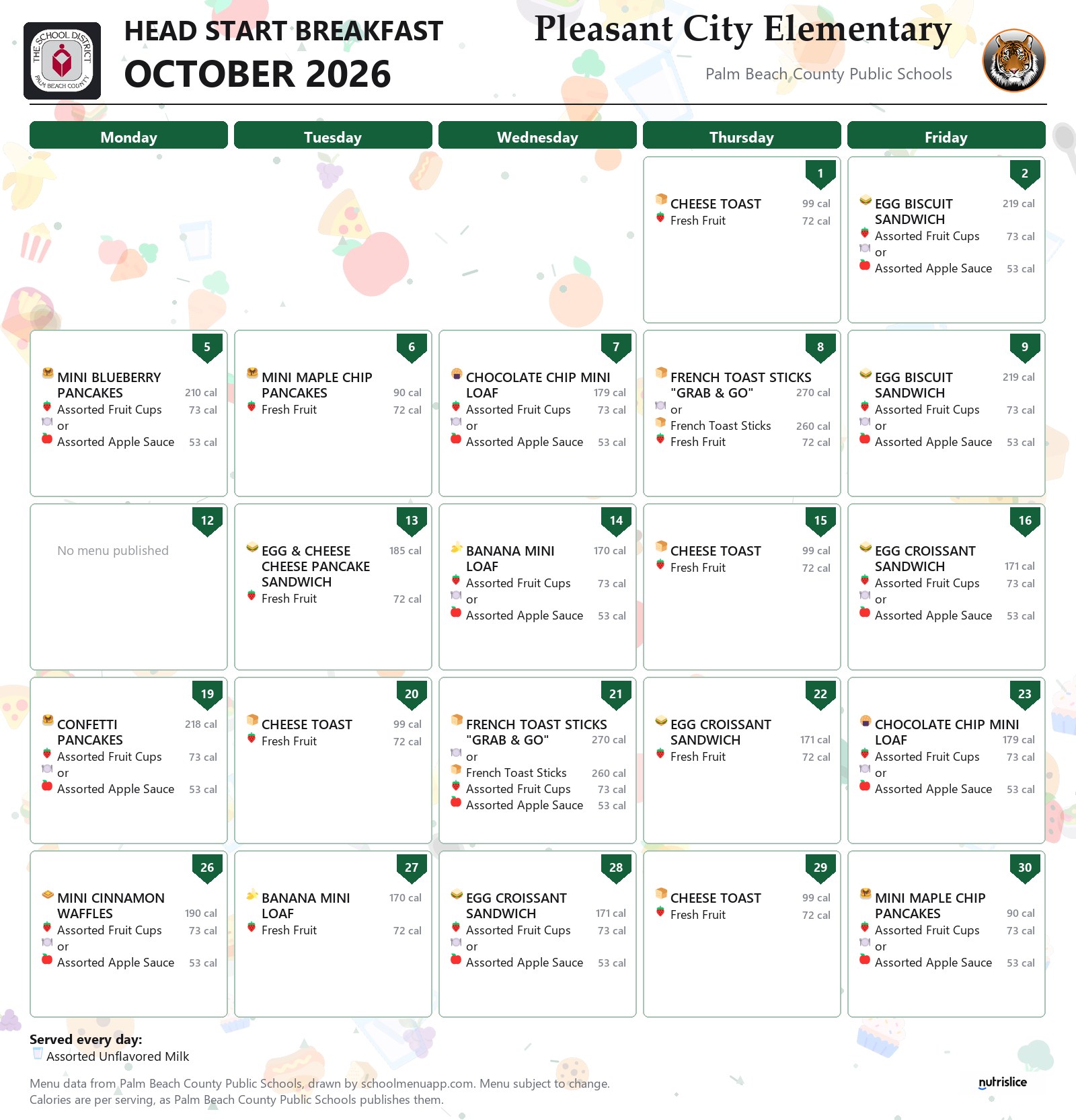 Pleasant City Elementary head start breakfast menu for October 2026, Palm Beach County Public Schools