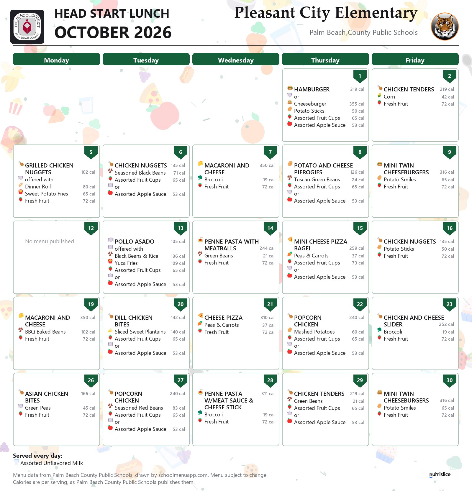 Pleasant City Elementary head start lunch menu for October 2026, Palm Beach County Public Schools