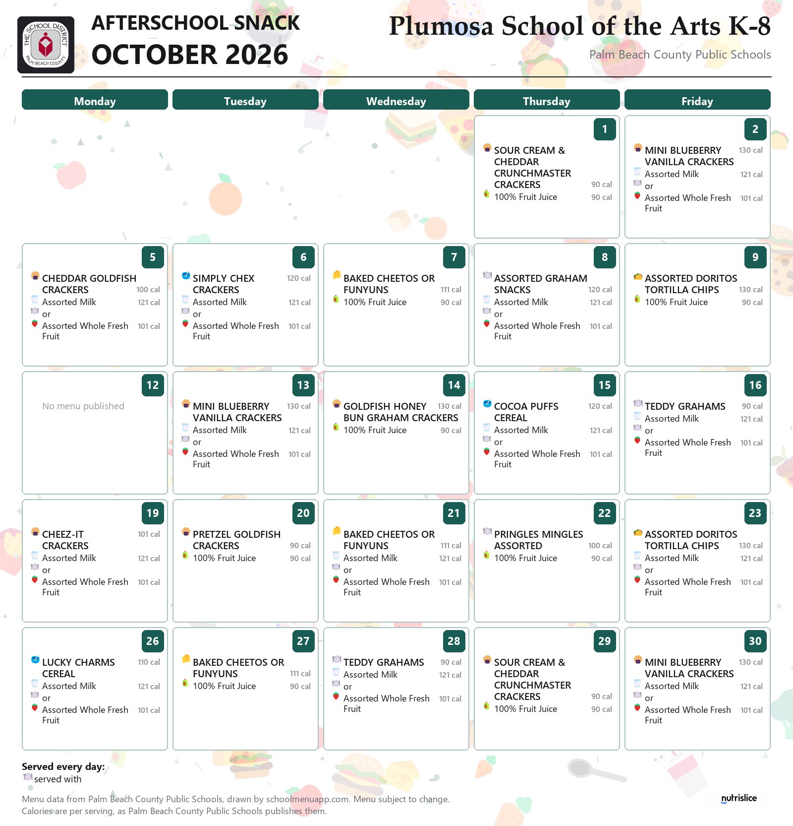 Plumosa School of the Arts K-8 afterschool snack menu for October 2026, Palm Beach County Public Schools