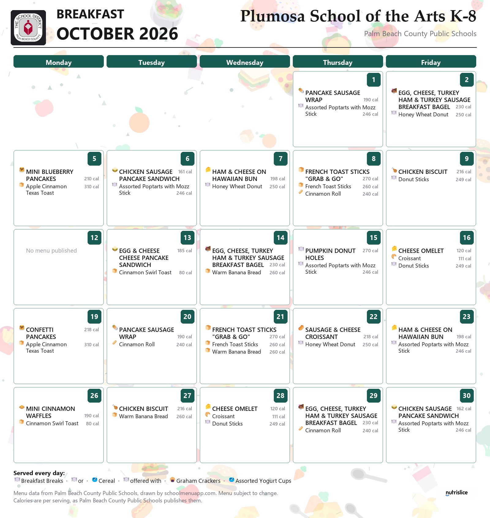 Plumosa School of the Arts K-8 breakfast menu for October 2026, Palm Beach County Public Schools