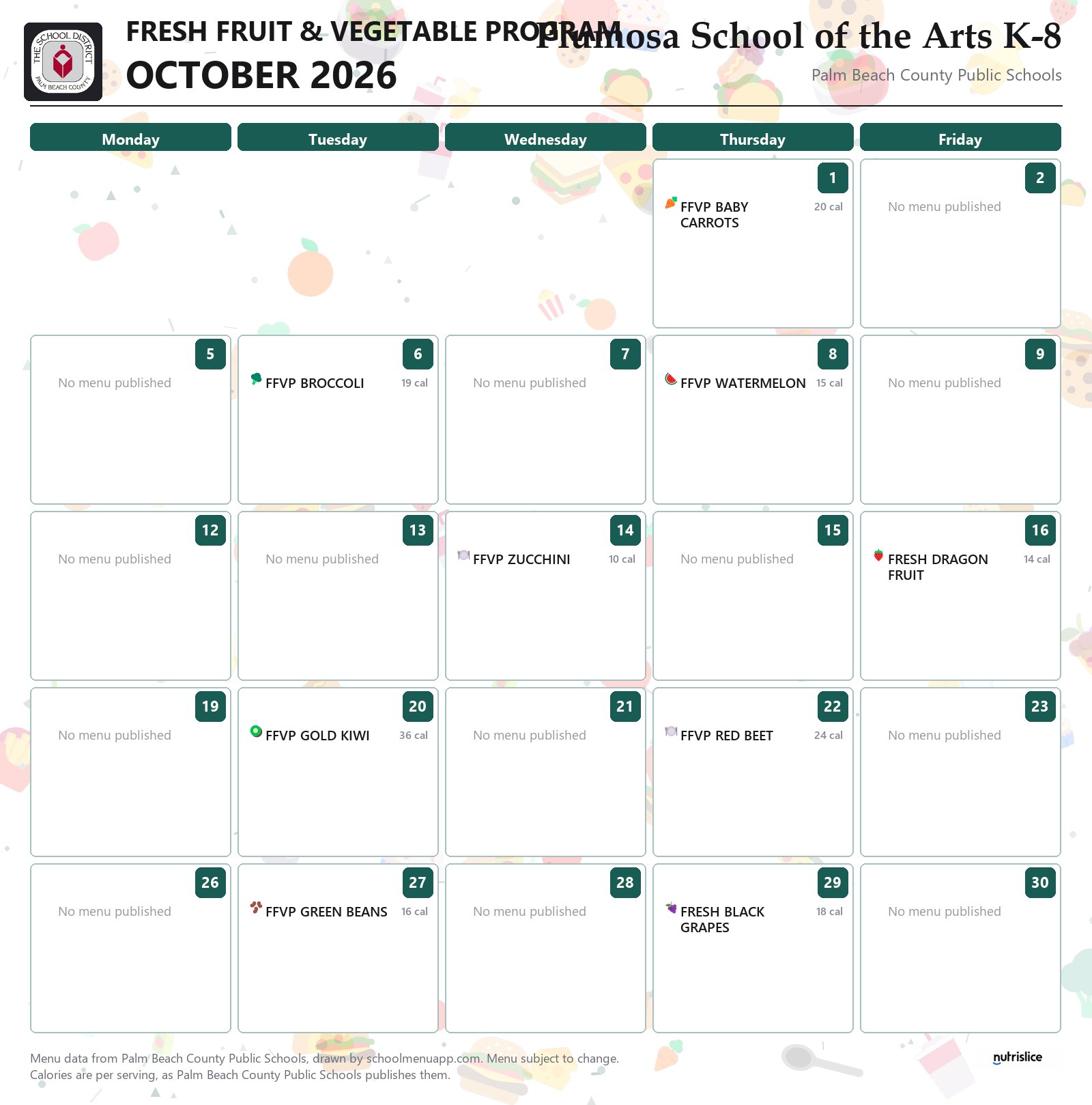 Plumosa School of the Arts K-8 fresh fruit & vegetable program menu for October 2026, Palm Beach County Public Schools