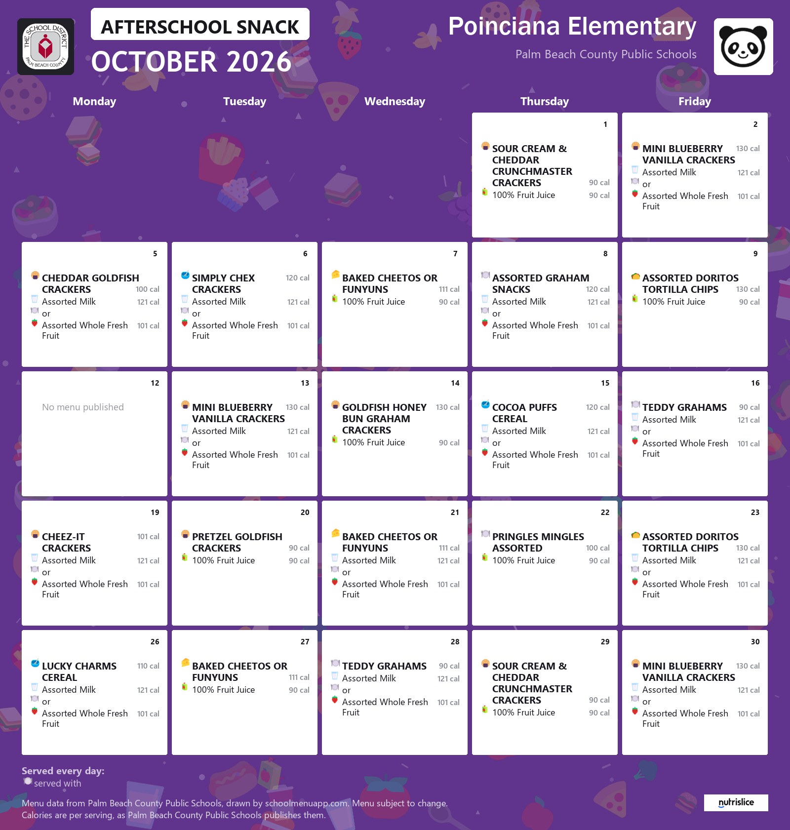 Poinciana Elementary afterschool snack menu for October 2026, Palm Beach County Public Schools