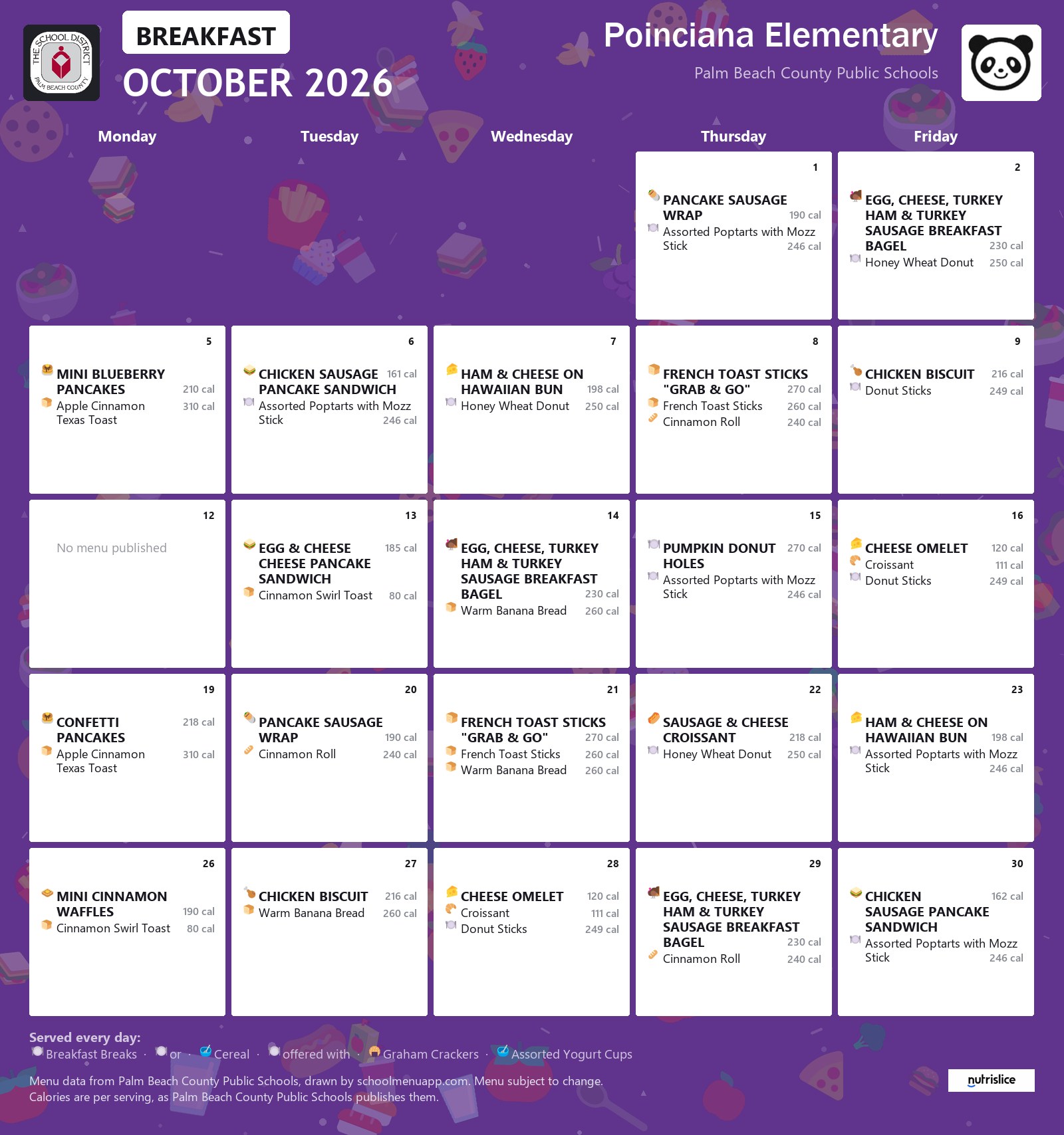 Poinciana Elementary breakfast menu for October 2026, Palm Beach County Public Schools
