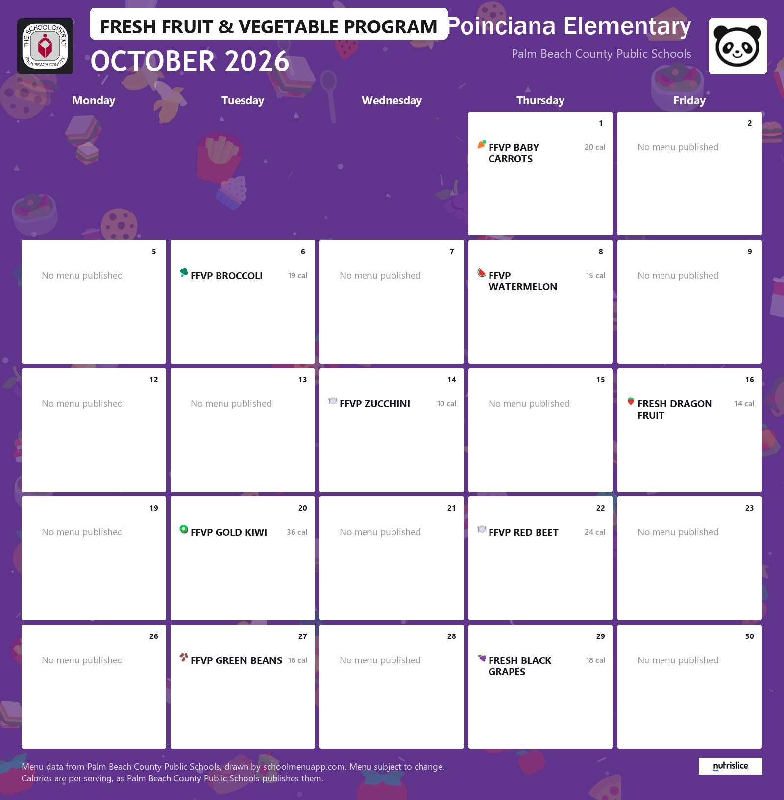 Poinciana Elementary fresh fruit & vegetable program menu for October 2026, Palm Beach County Public Schools