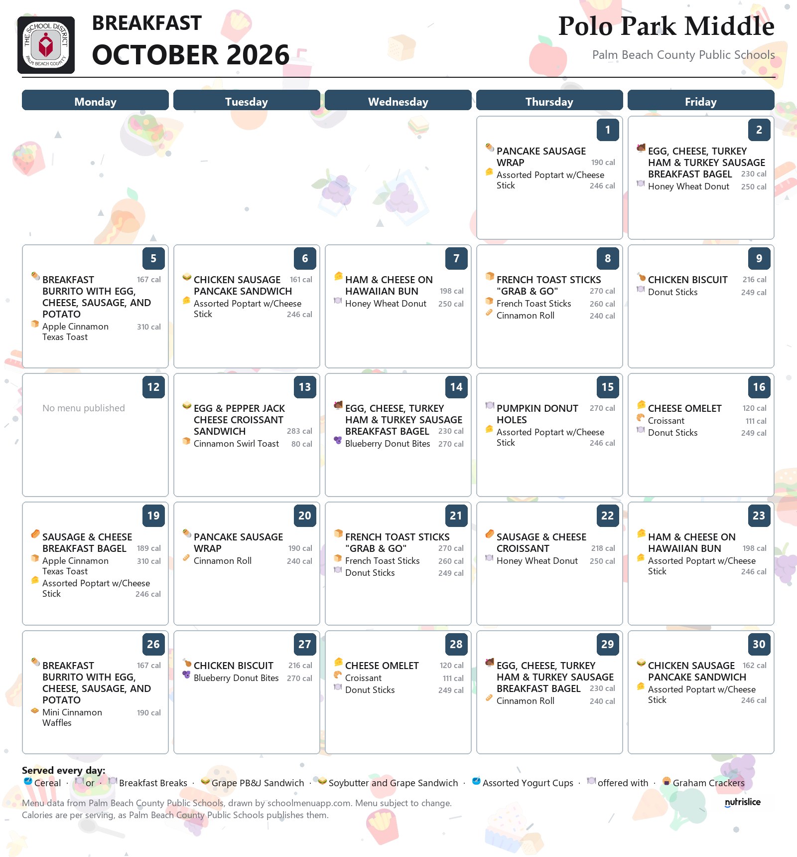 Polo Park Middle breakfast menu for October 2026, Palm Beach County Public Schools