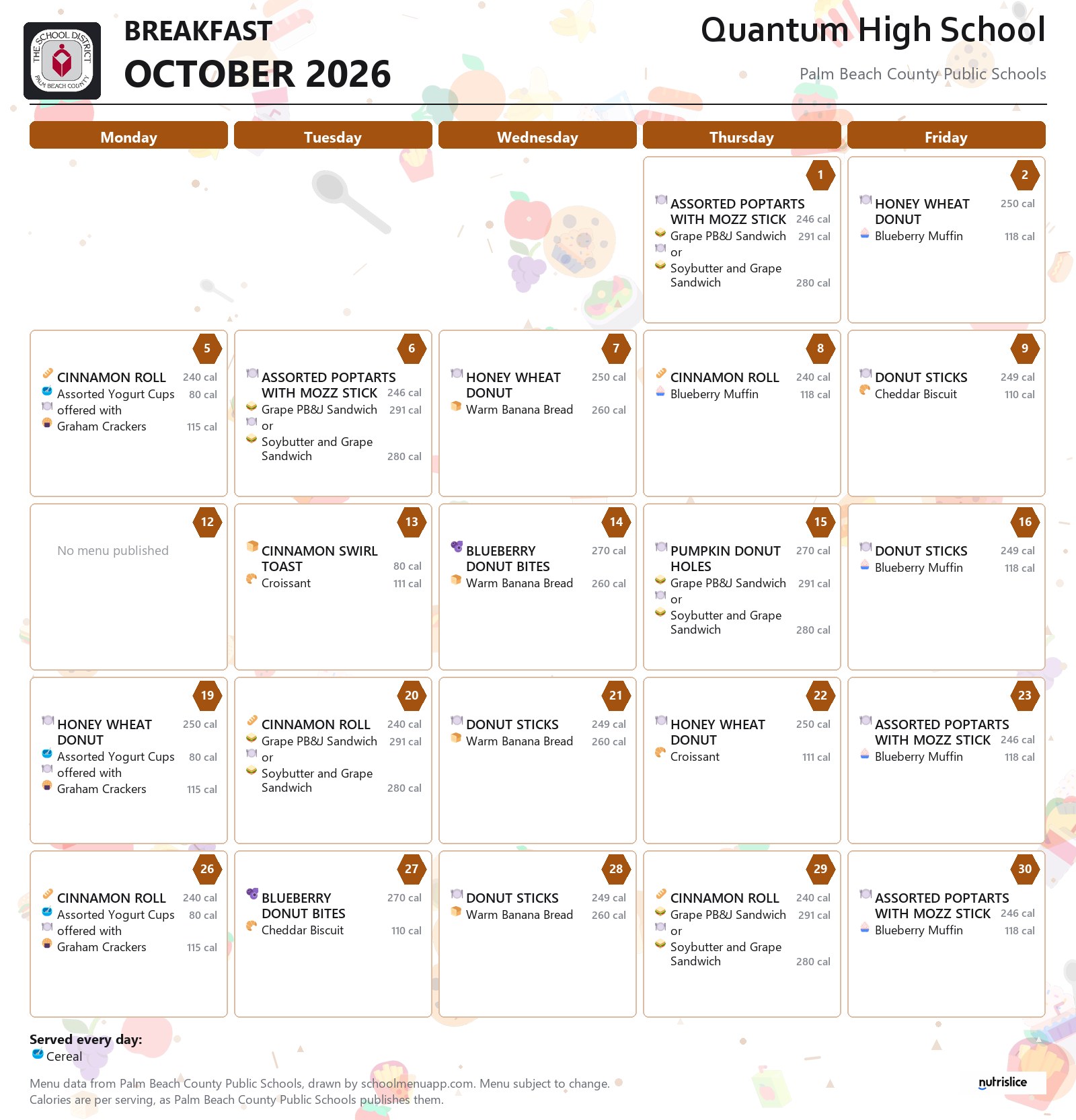 Quantum High School breakfast menu for October 2026, Palm Beach County Public Schools
