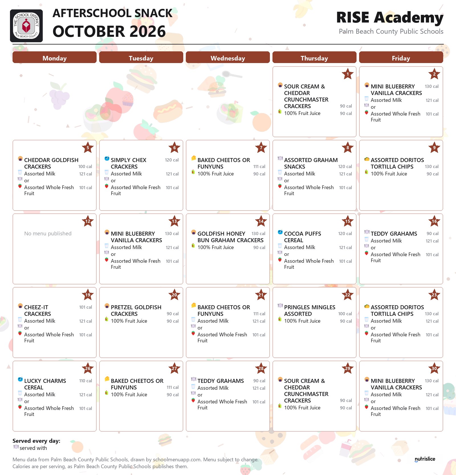 RISE Academy afterschool snack menu for October 2026, Palm Beach County Public Schools