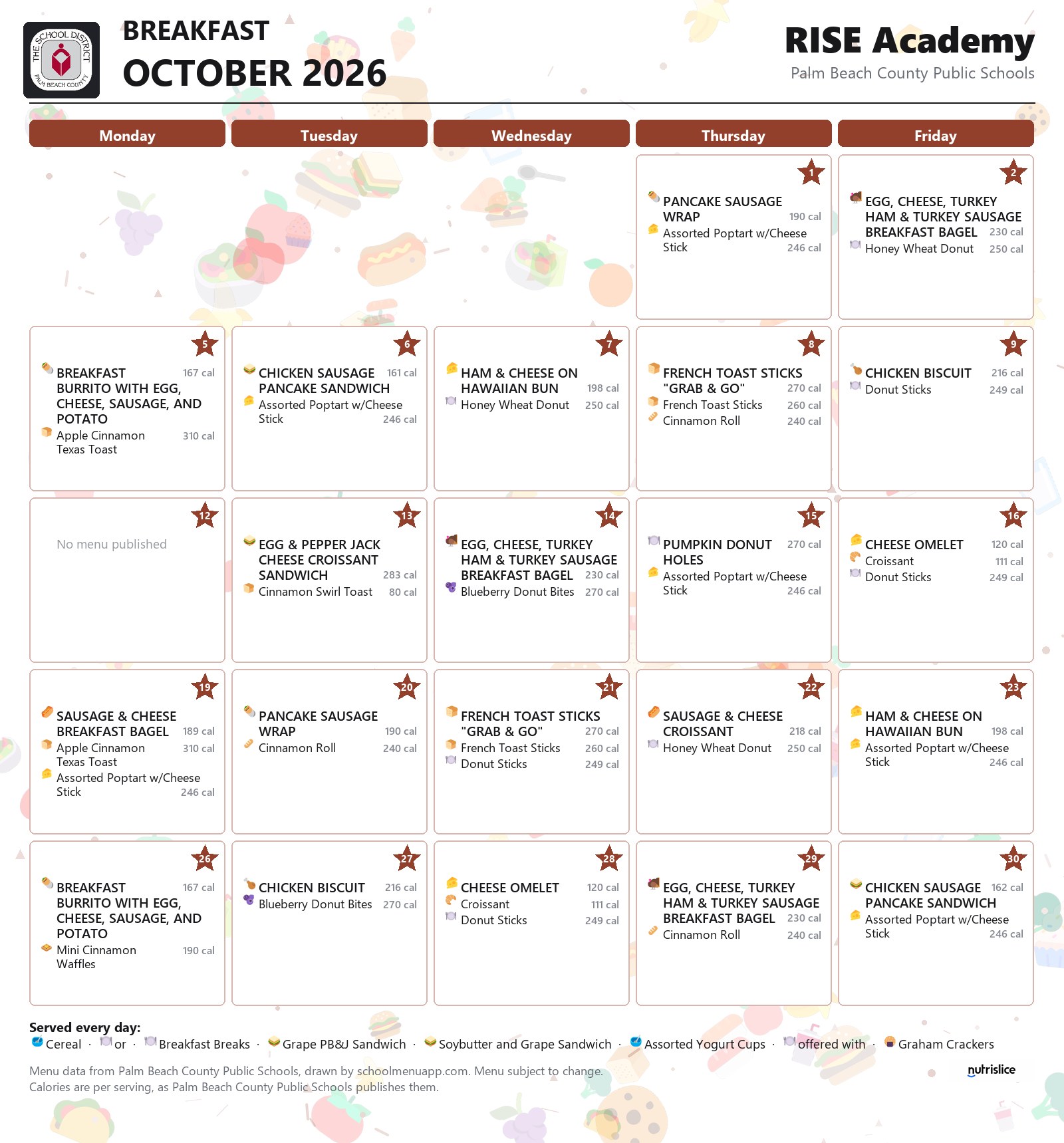 RISE Academy breakfast menu for October 2026, Palm Beach County Public Schools