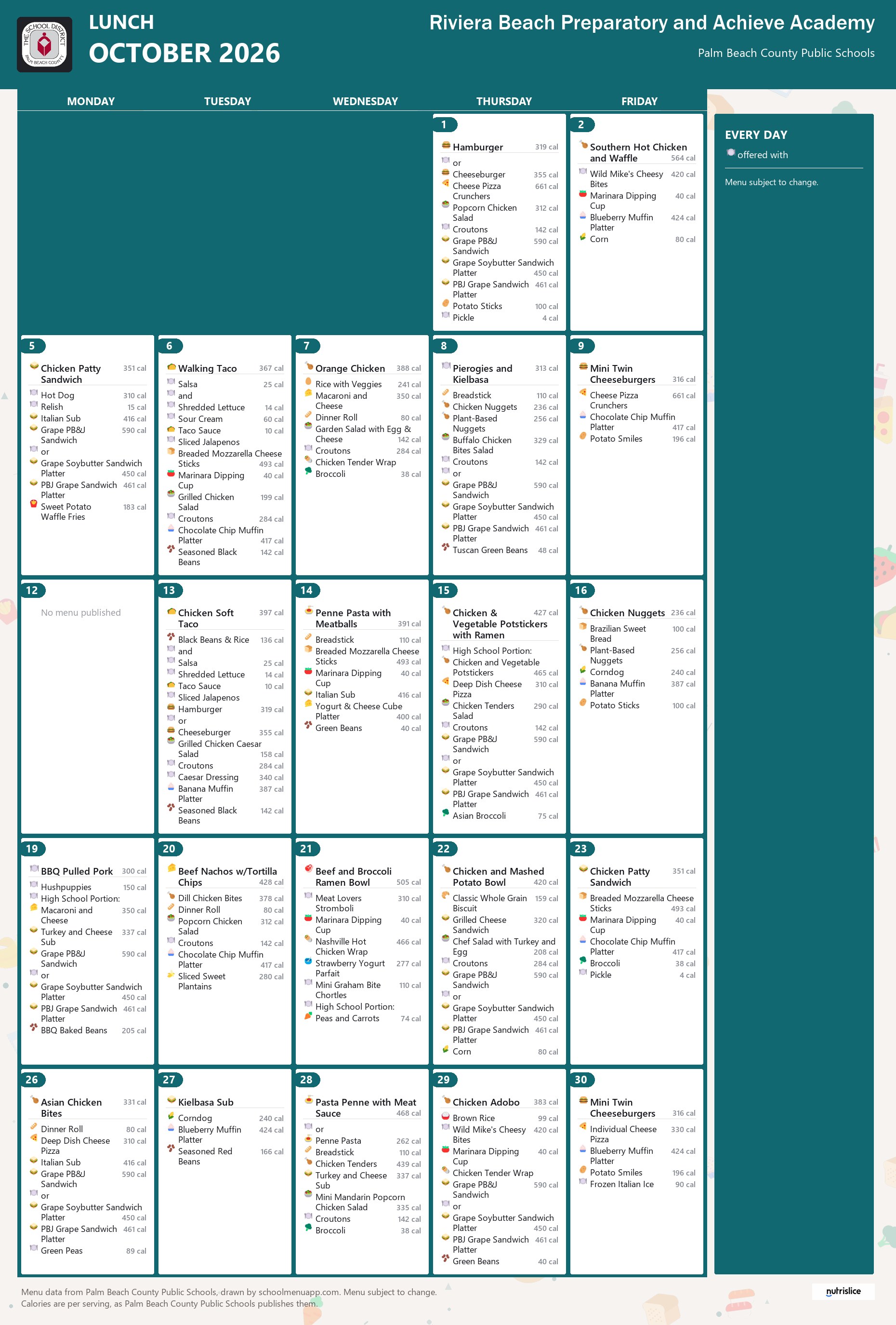 Riviera Beach Preparatory and Achieve Academy lunch menu for October 2026, Palm Beach County Public Schools