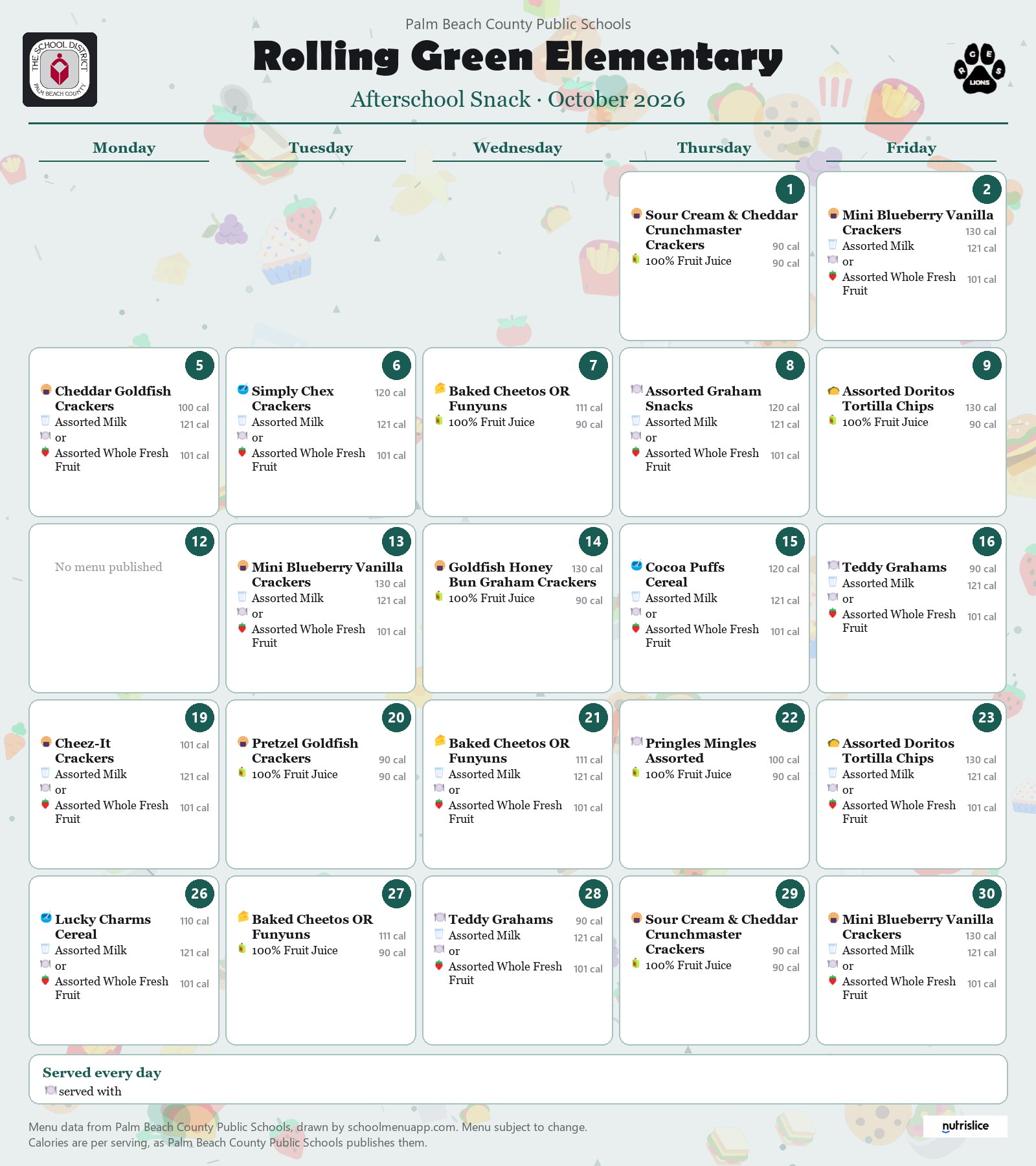 Rolling Green Elementary afterschool snack menu for October 2026, Palm Beach County Public Schools