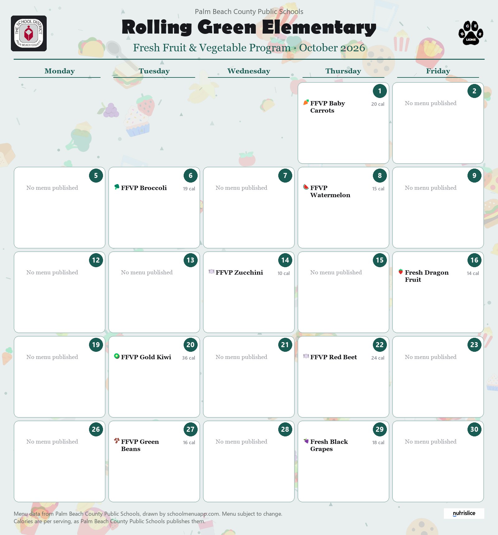 Rolling Green Elementary fresh fruit & vegetable program menu for October 2026, Palm Beach County Public Schools