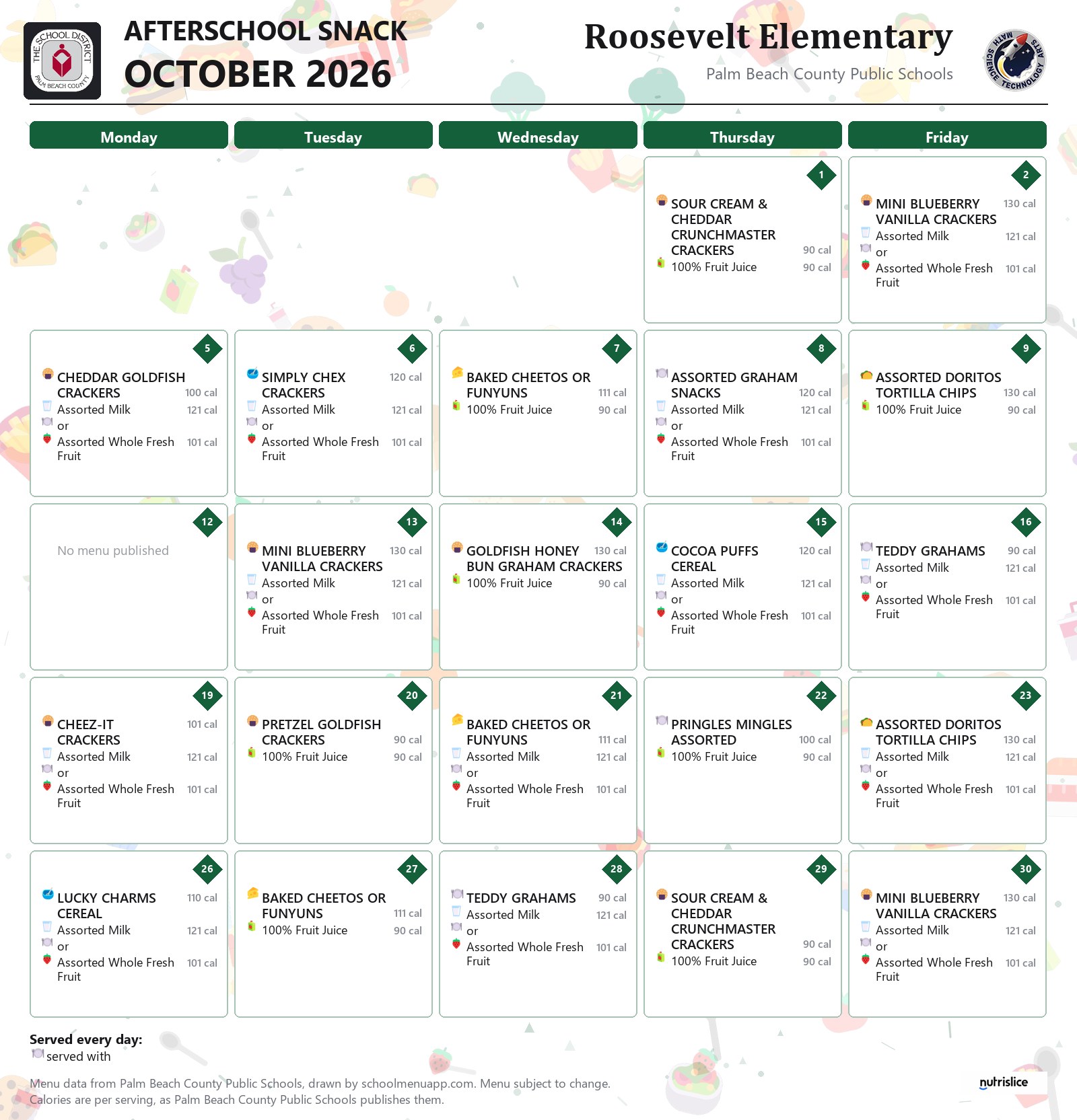 Roosevelt Elementary afterschool snack menu for October 2026, Palm Beach County Public Schools