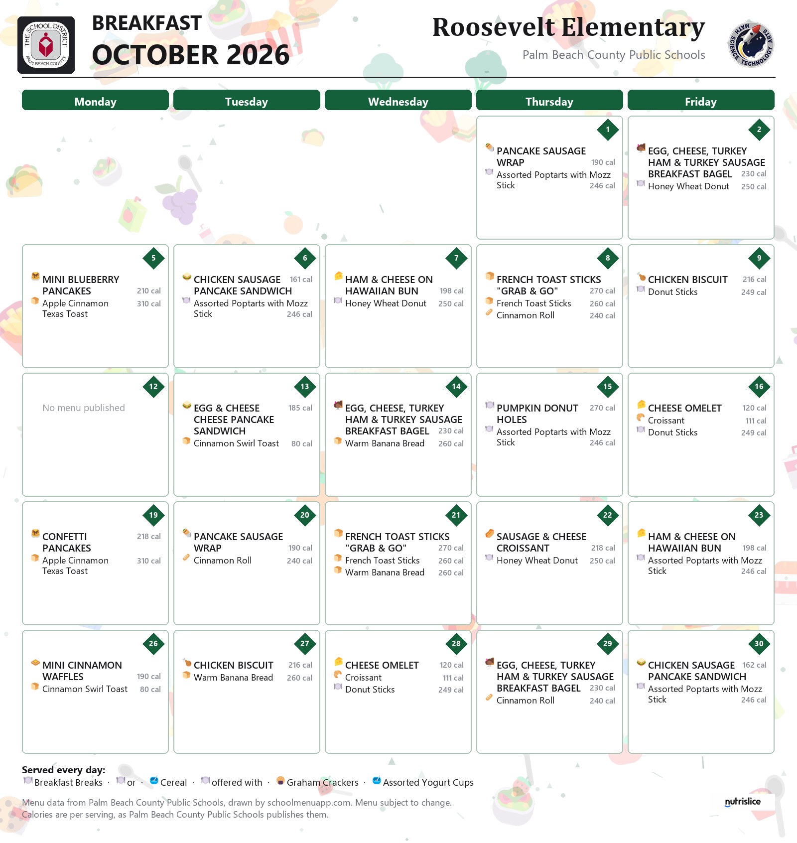 Roosevelt Elementary breakfast menu for October 2026, Palm Beach County Public Schools