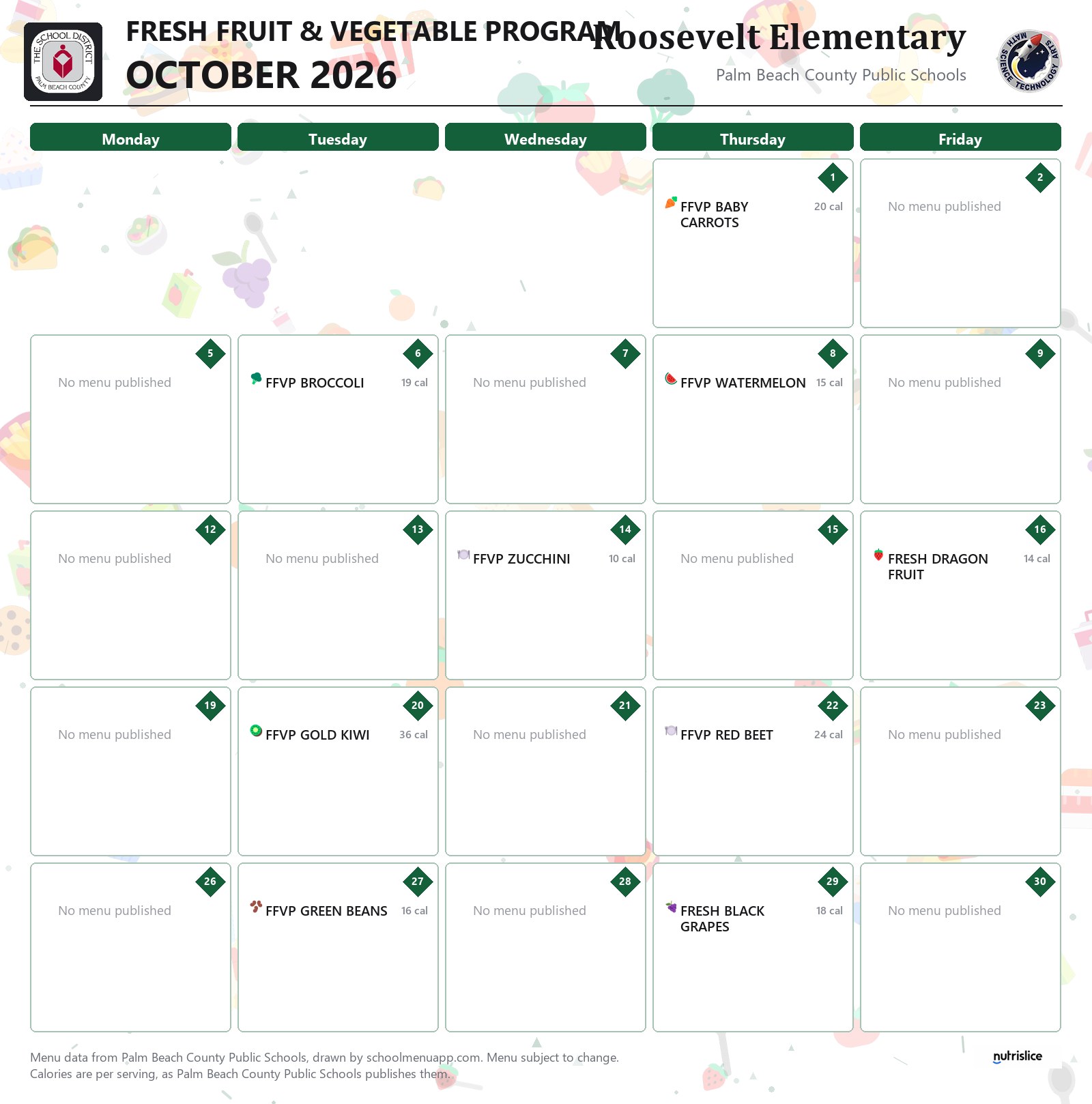 Roosevelt Elementary fresh fruit & vegetable program menu for October 2026, Palm Beach County Public Schools