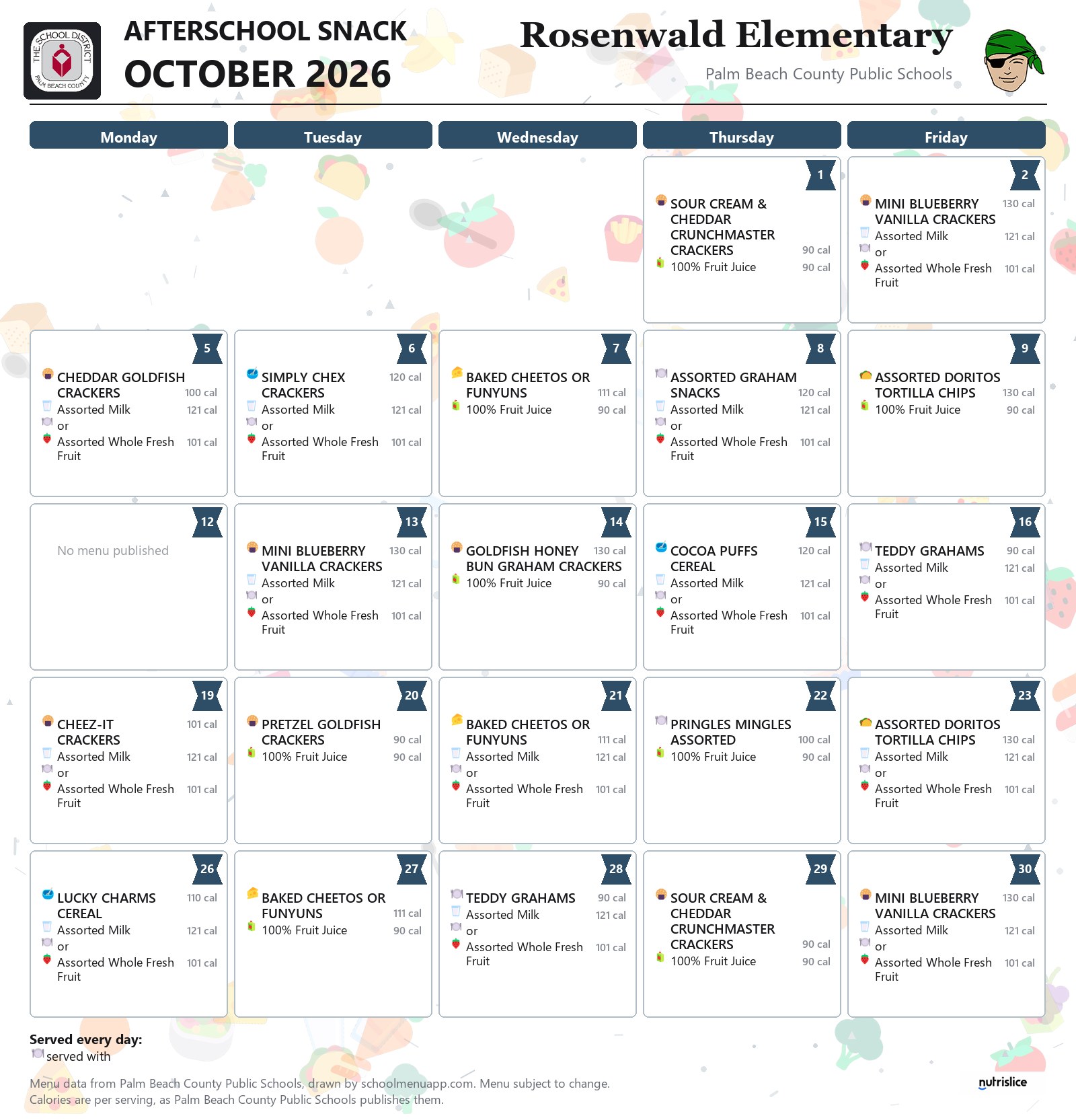 Rosenwald Elementary afterschool snack menu for October 2026, Palm Beach County Public Schools