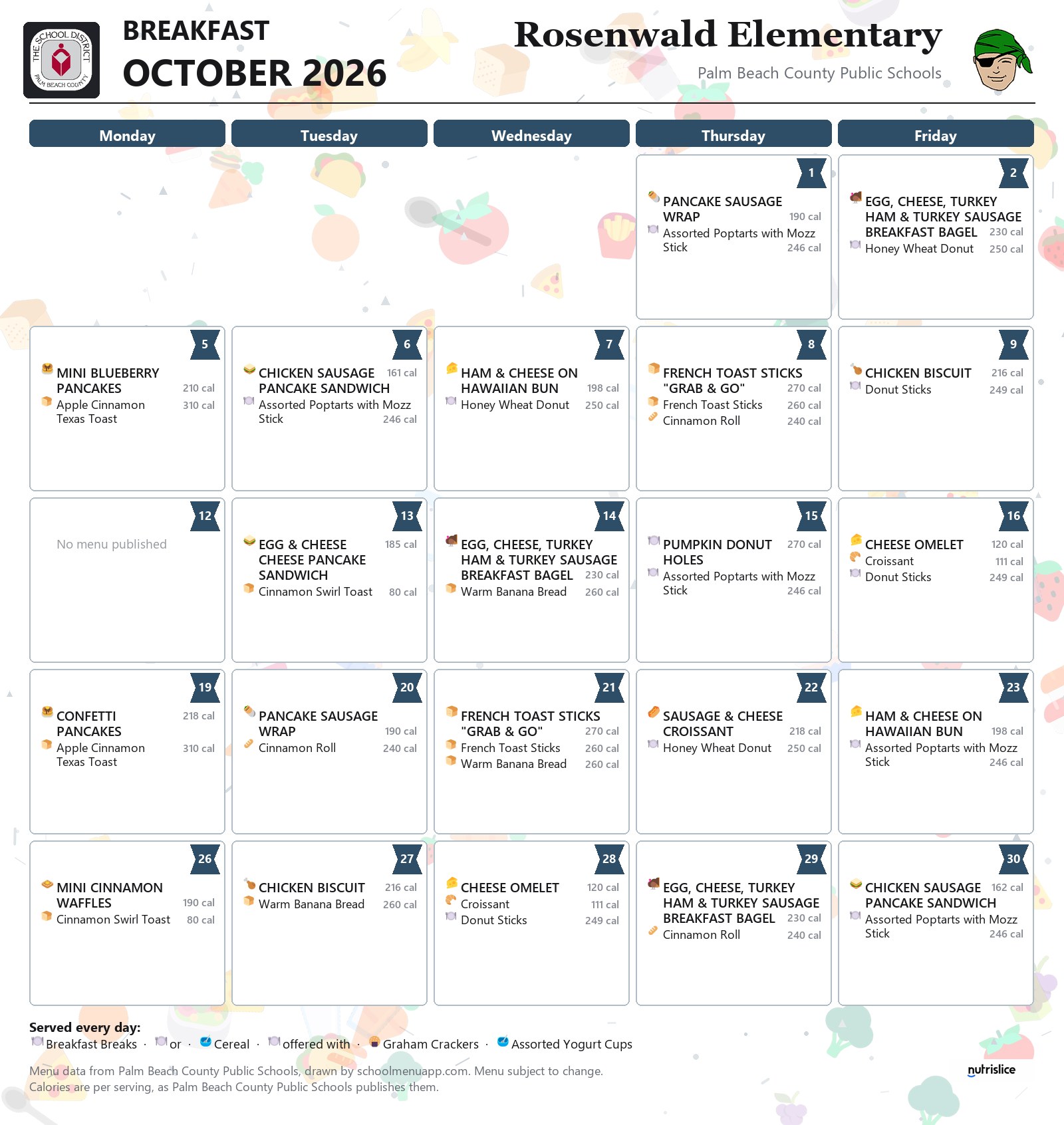 Rosenwald Elementary breakfast menu for October 2026, Palm Beach County Public Schools