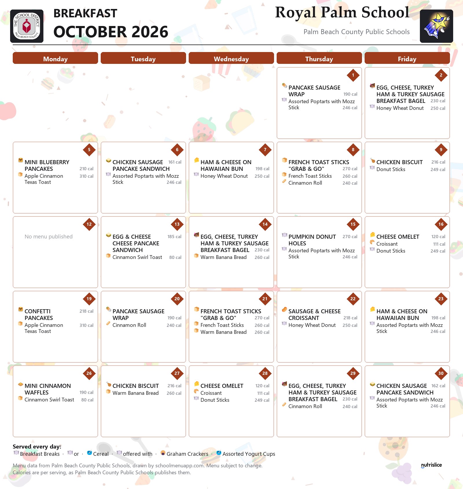 Royal Palm School breakfast menu for October 2026, Palm Beach County Public Schools