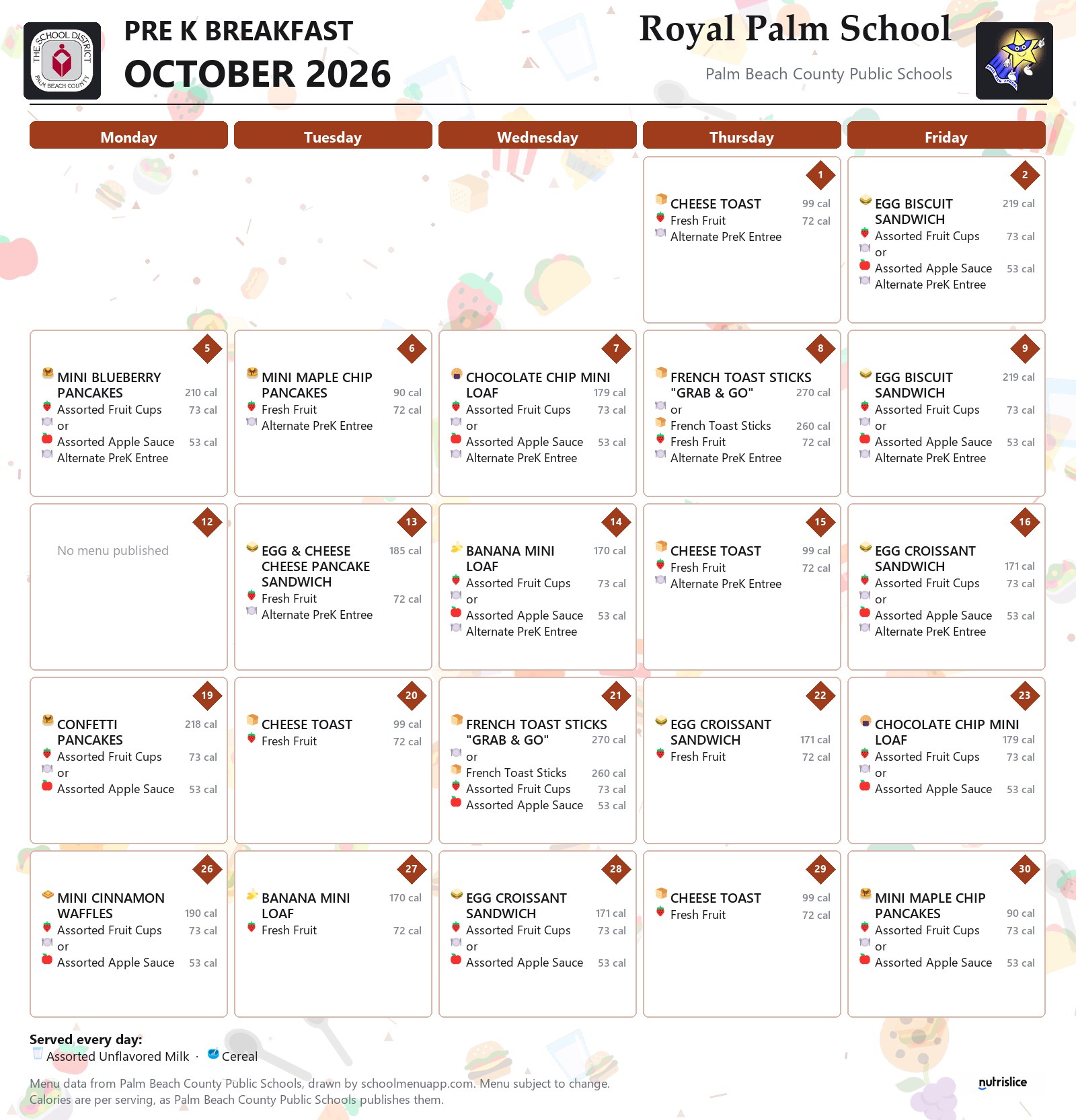 Royal Palm School pre k breakfast menu for October 2026, Palm Beach County Public Schools