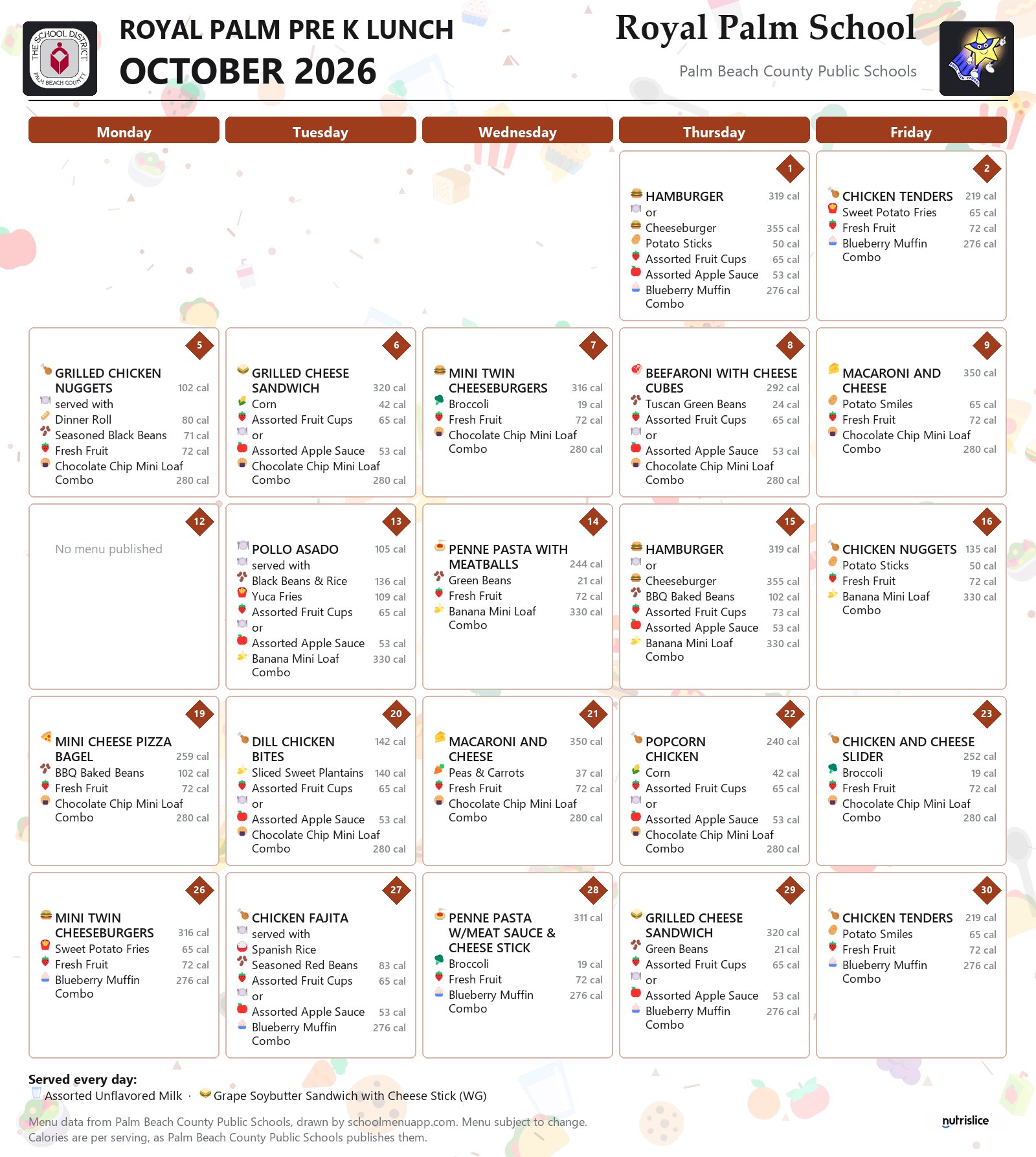 Royal Palm School pre k lunch menu for October 2026, Palm Beach County Public Schools
