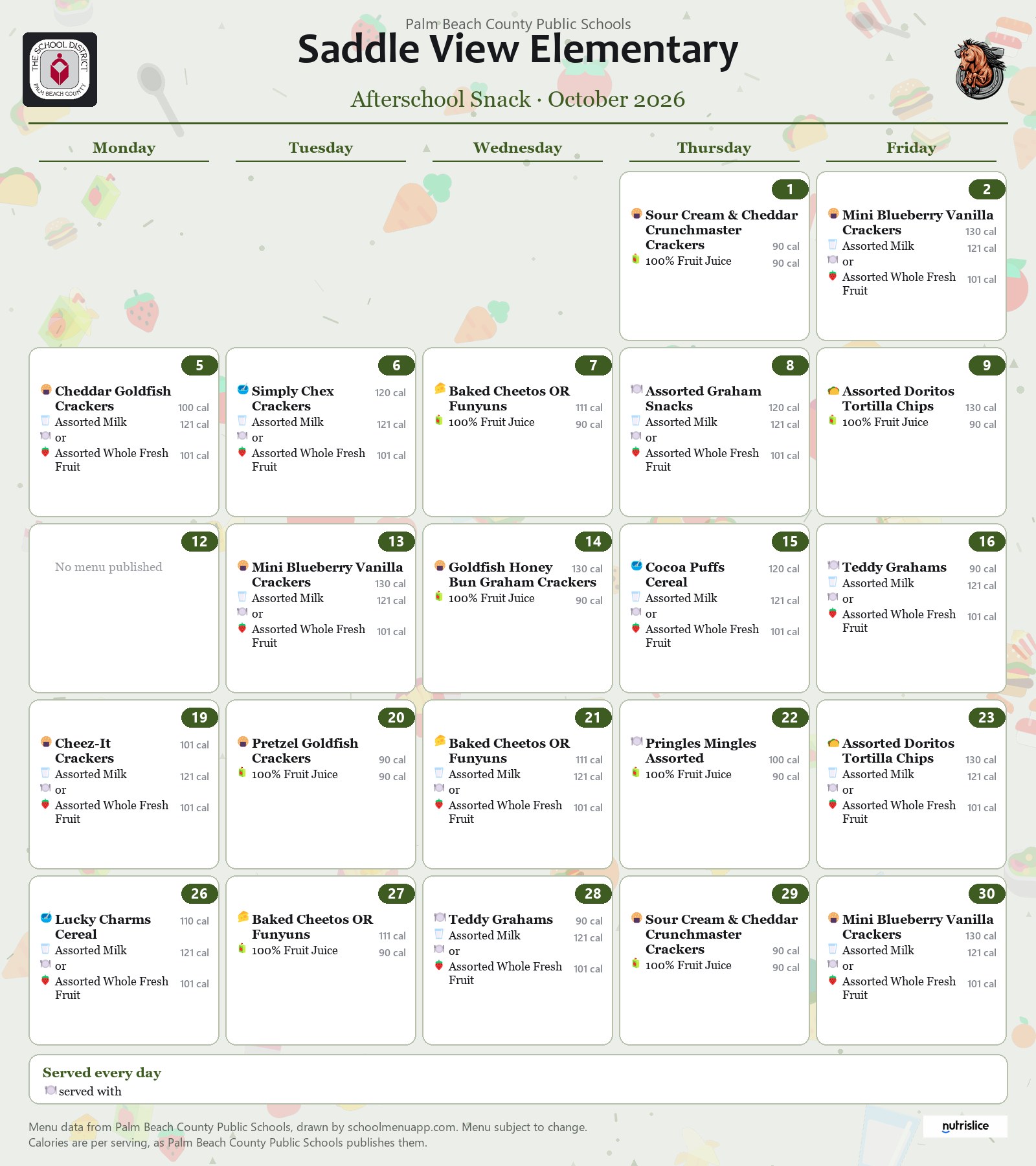 Saddle View Elementary afterschool snack menu for October 2026, Palm Beach County Public Schools