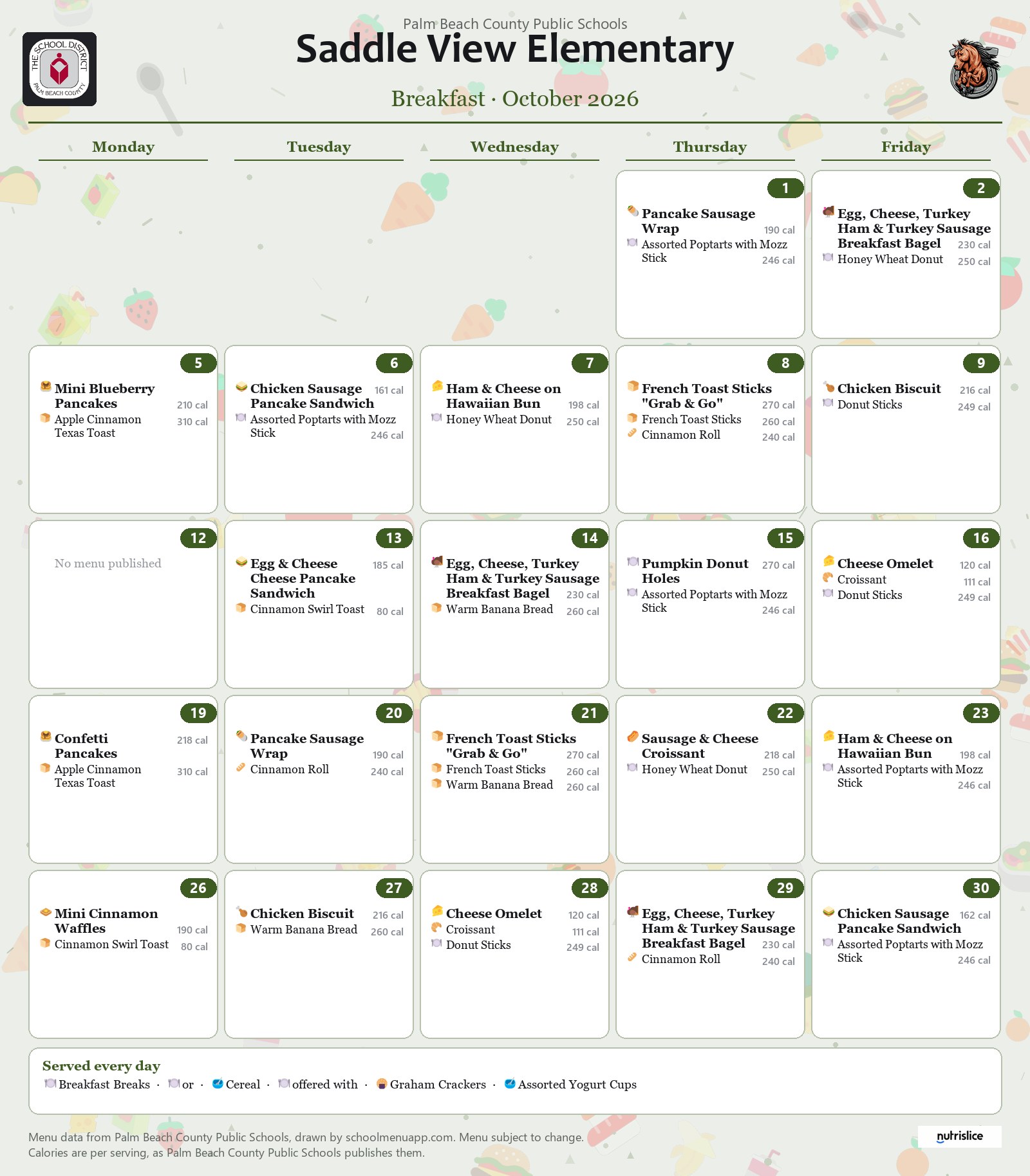 Saddle View Elementary breakfast menu for October 2026, Palm Beach County Public Schools