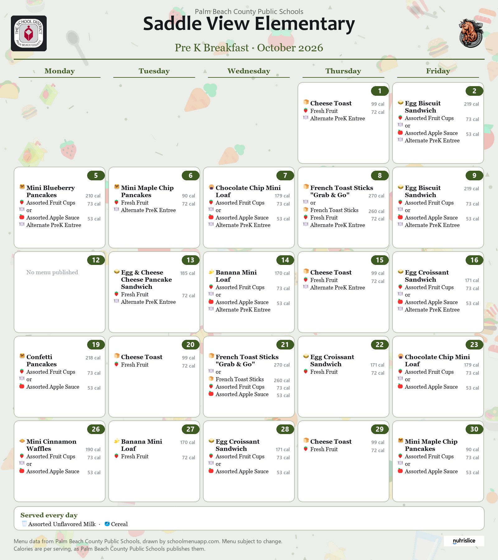 Saddle View Elementary pre k breakfast menu for October 2026, Palm Beach County Public Schools