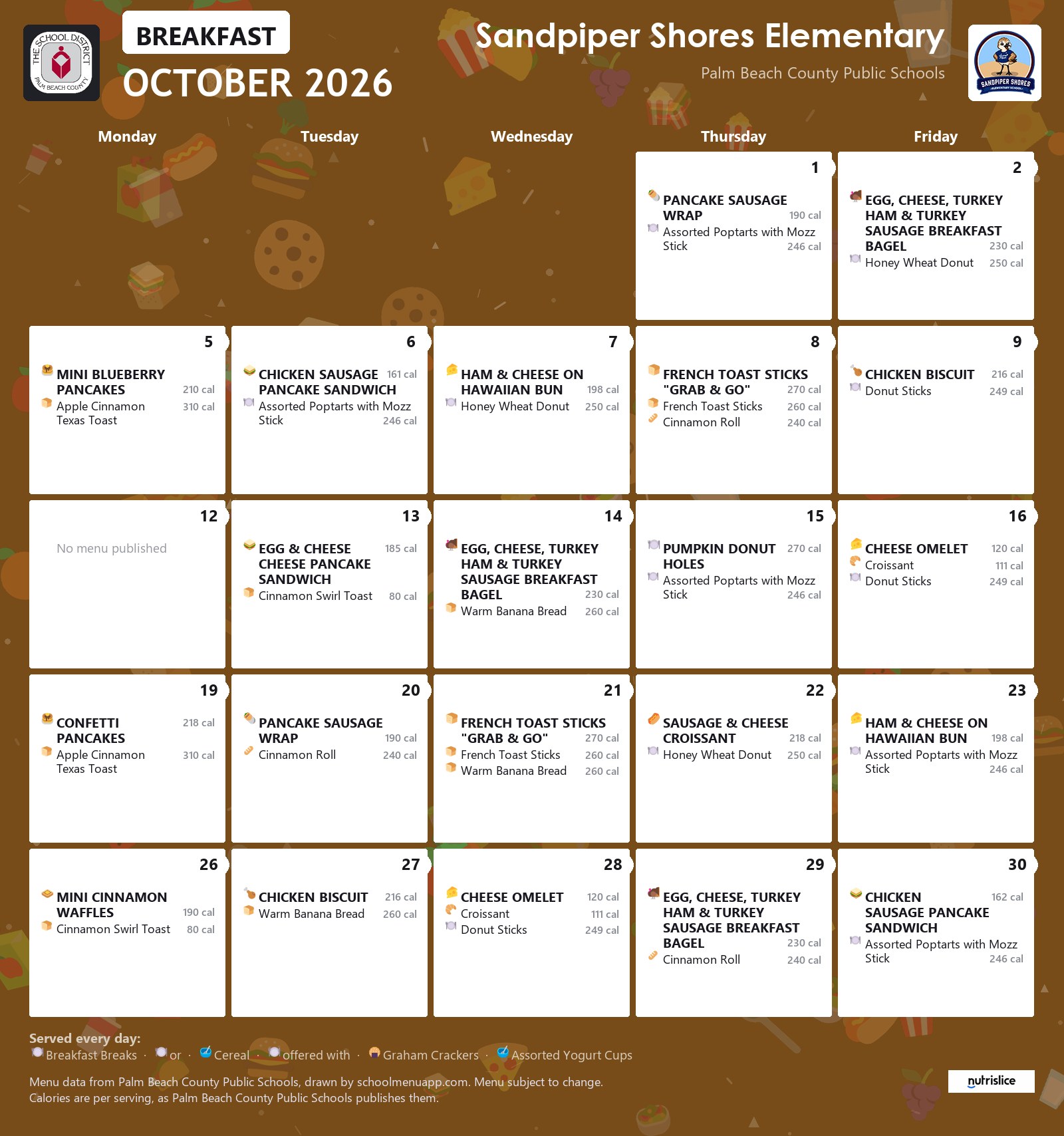 Sandpiper Shores Elementary breakfast menu for October 2026, Palm Beach County Public Schools