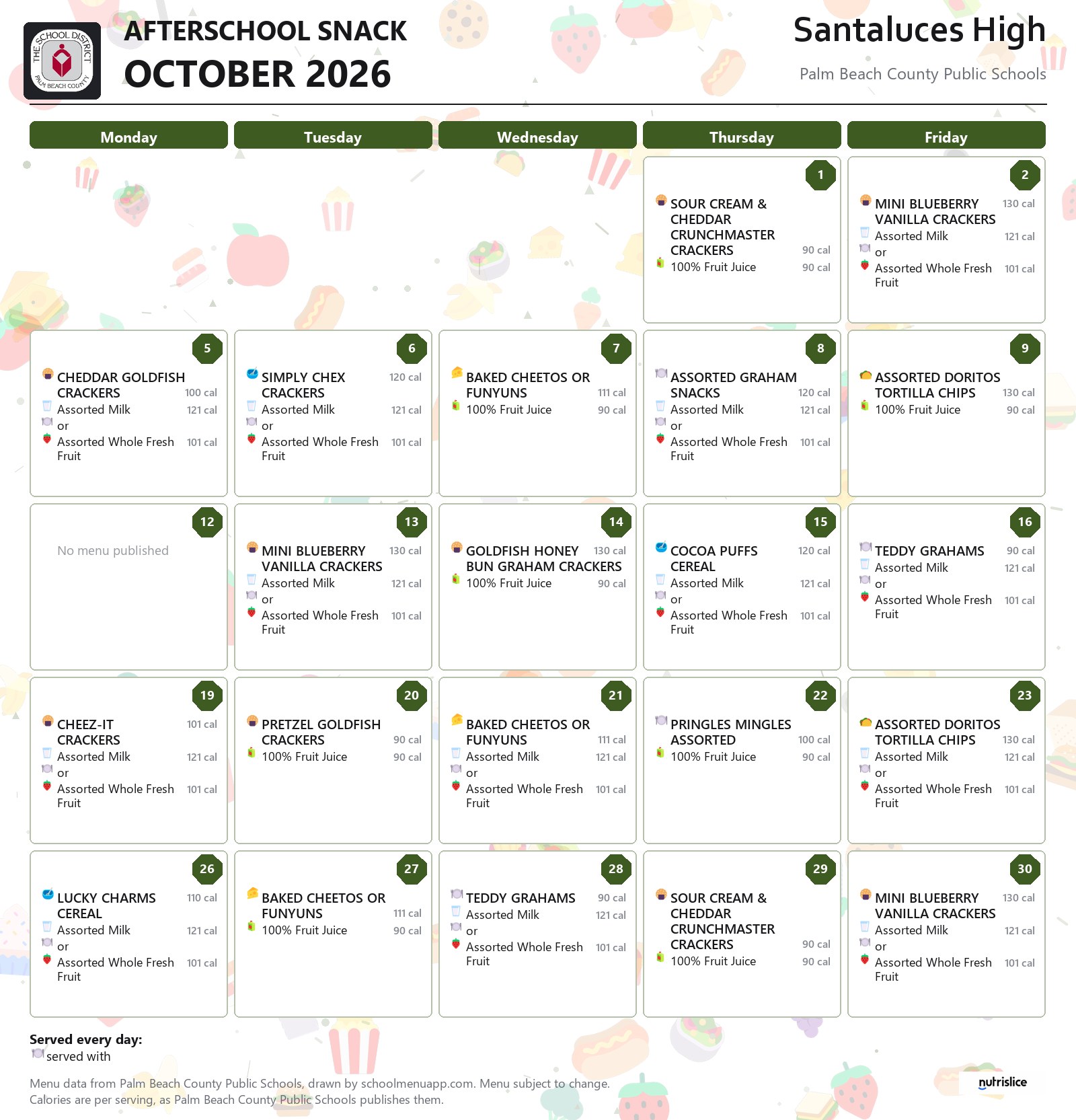 Santaluces High afterschool snack menu for October 2026, Palm Beach County Public Schools