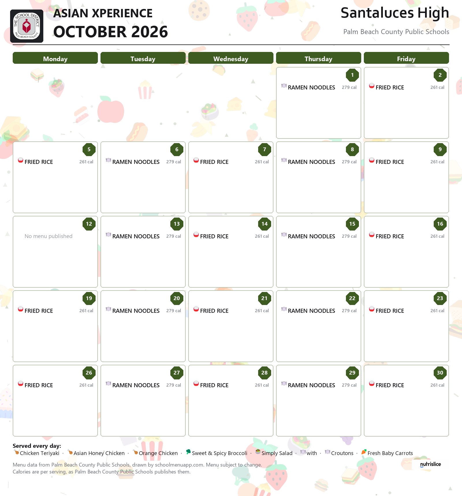Santaluces High asian xperience menu for October 2026, Palm Beach County Public Schools