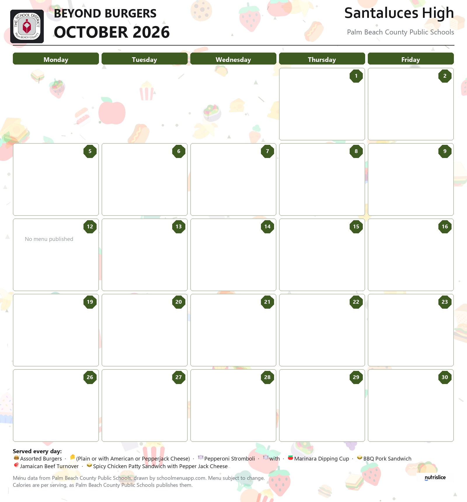 Santaluces High beyond burgers menu for October 2026, Palm Beach County Public Schools