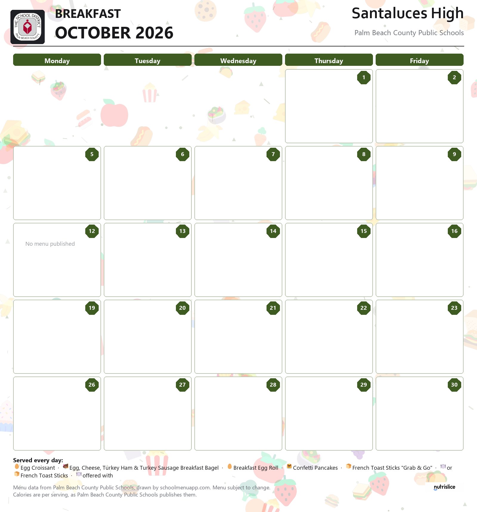 Santaluces High breakfast menu for October 2026, Palm Beach County Public Schools