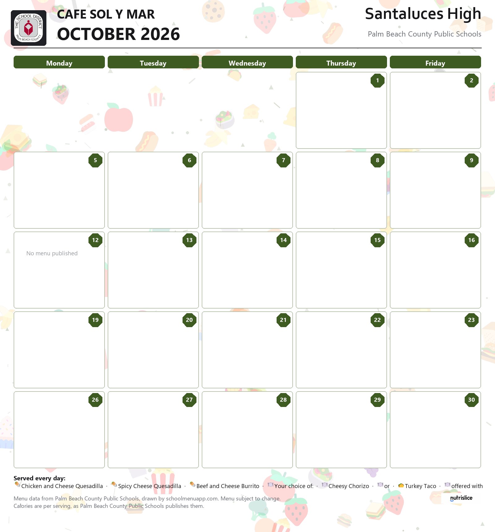 Santaluces High cafe sol y mar menu for October 2026, Palm Beach County Public Schools