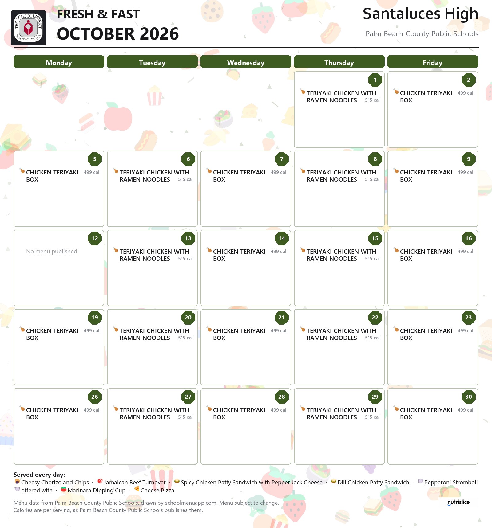 Santaluces High fresh & fast menu for October 2026, Palm Beach County Public Schools
