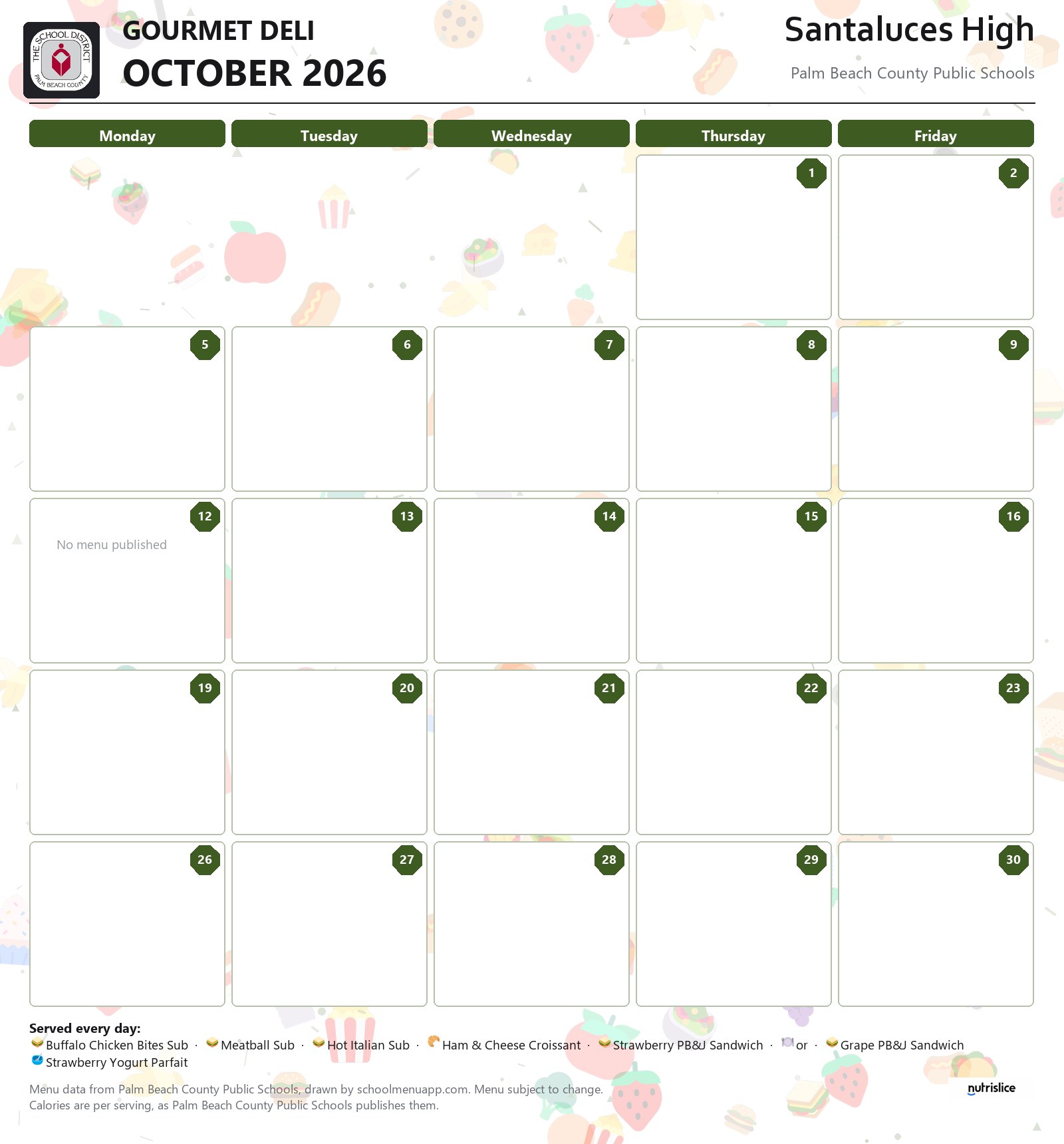 Santaluces High gourmet deli menu for October 2026, Palm Beach County Public Schools