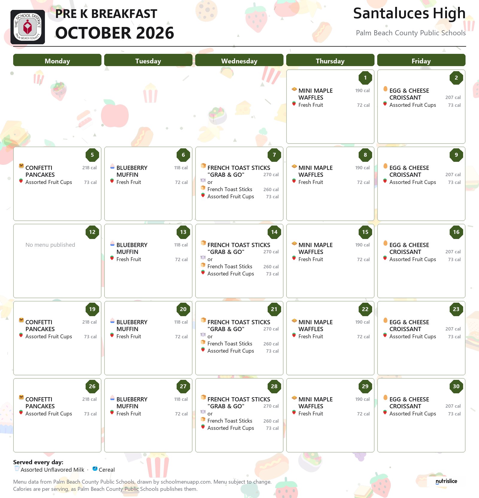 Santaluces High pre k breakfast menu for October 2026, Palm Beach County Public Schools