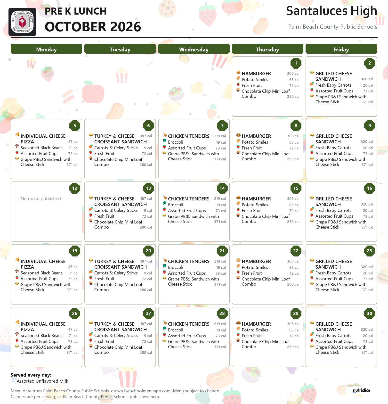 Santaluces High pre k lunch menu for October 2026, Palm Beach County Public Schools