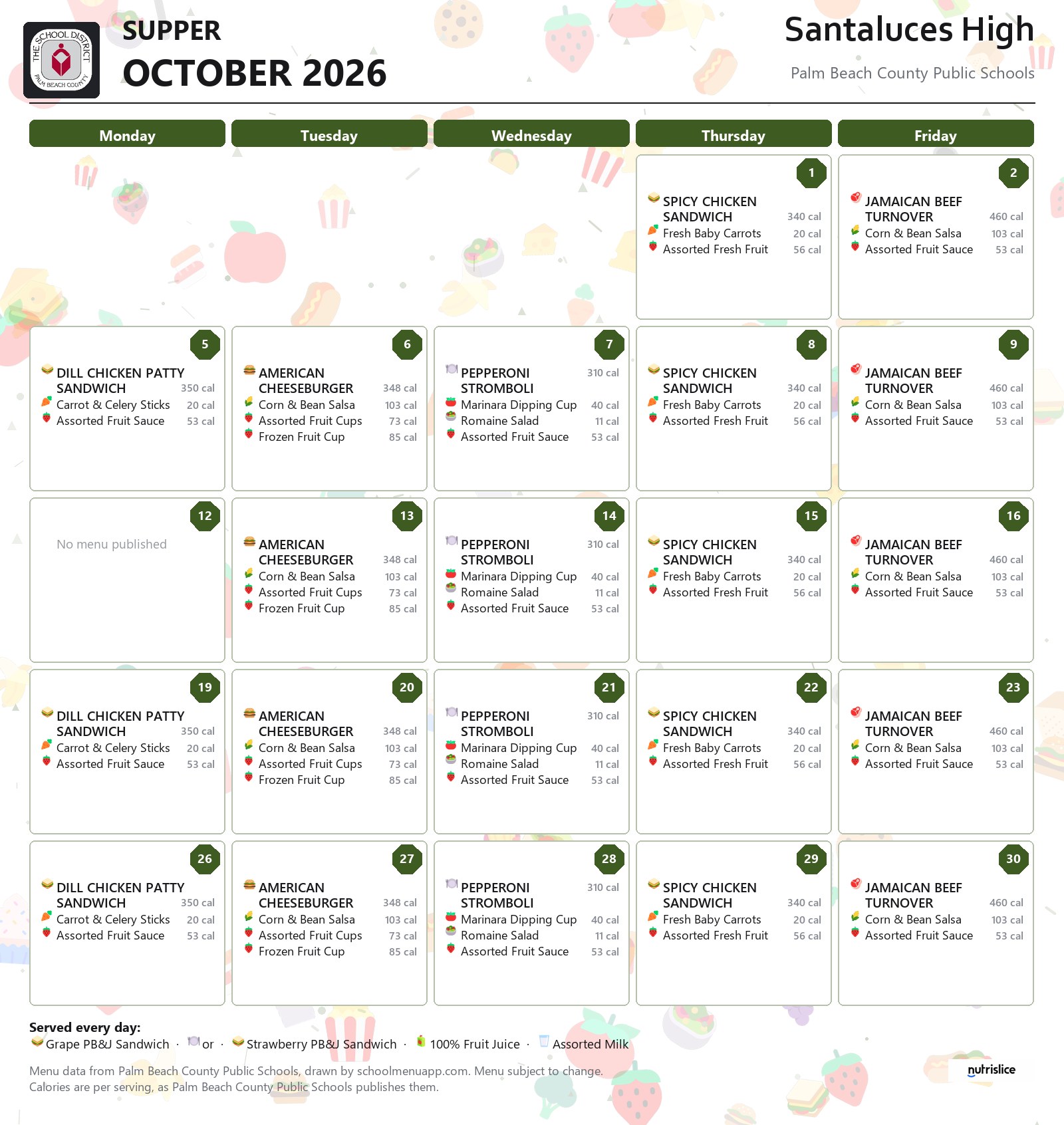 Santaluces High supper menu for October 2026, Palm Beach County Public Schools