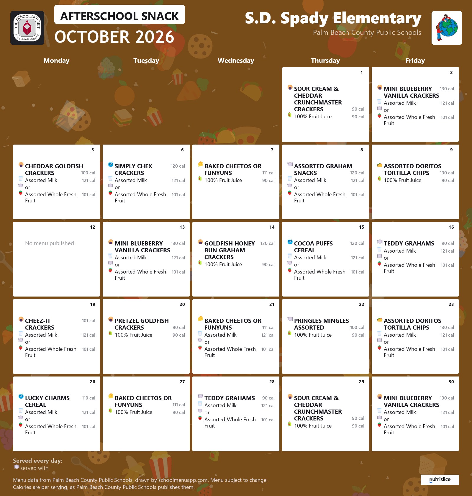 S.D. Spady Elementary afterschool snack menu for October 2026, Palm Beach County Public Schools