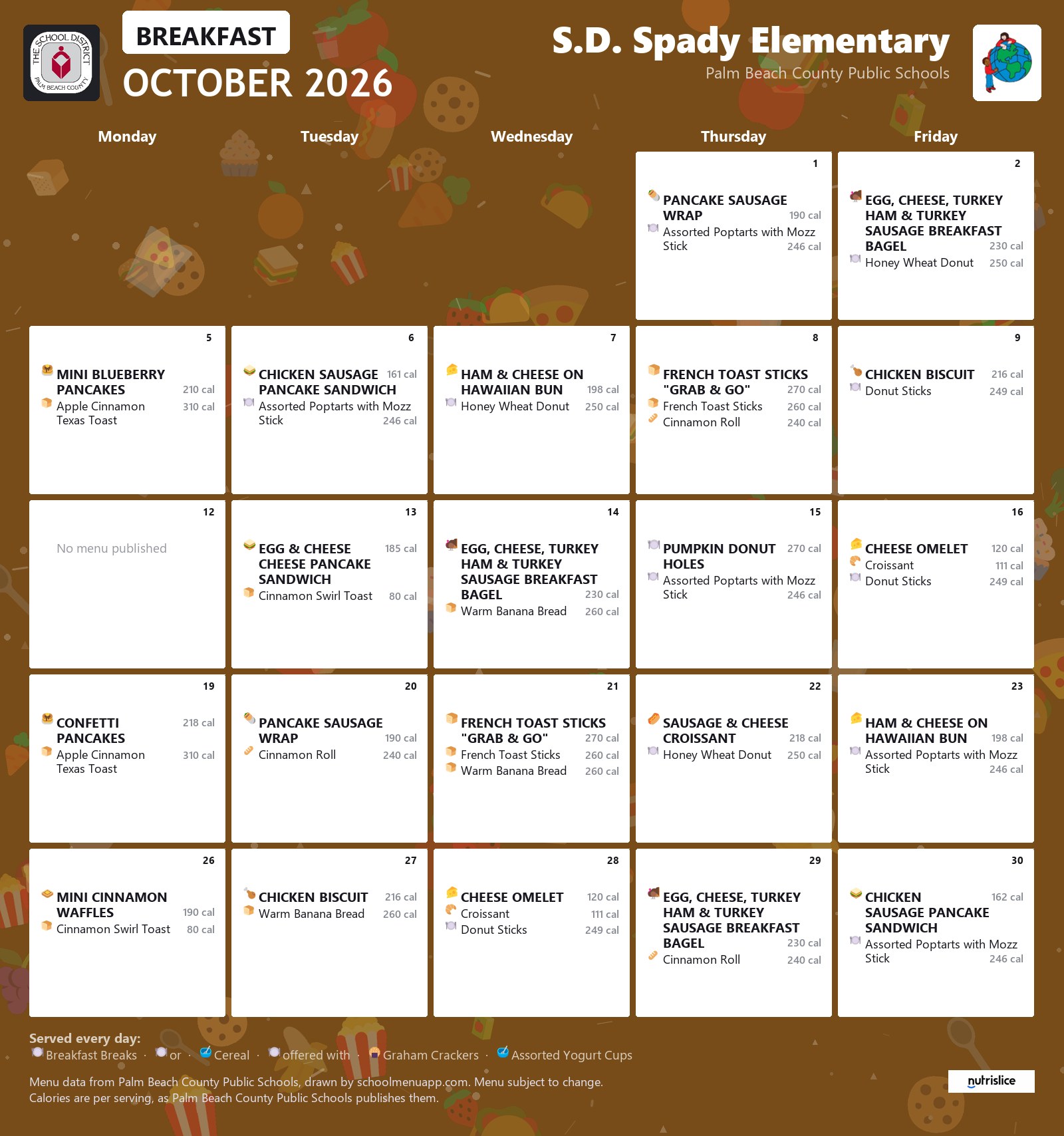 S.D. Spady Elementary breakfast menu for October 2026, Palm Beach County Public Schools