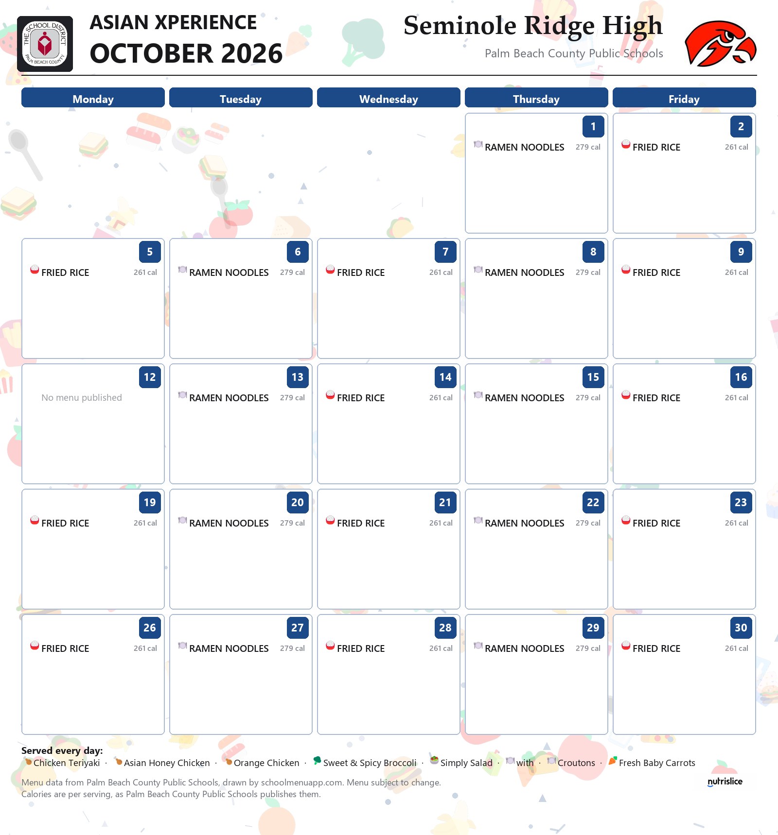 Seminole Ridge High asian xperience menu for October 2026, Palm Beach County Public Schools