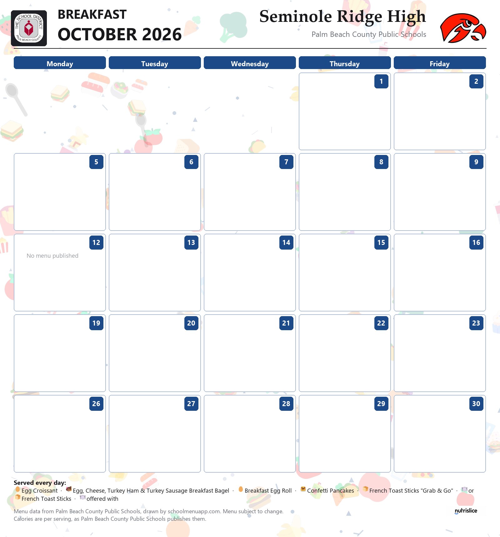 Seminole Ridge High breakfast menu for October 2026, Palm Beach County Public Schools