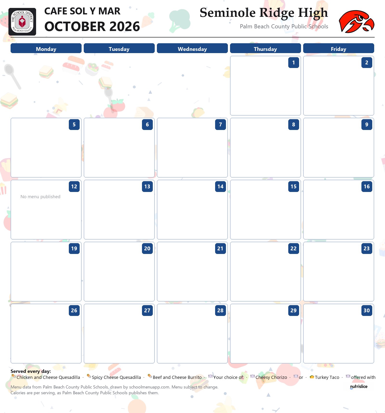 Seminole Ridge High cafe sol y mar menu for October 2026, Palm Beach County Public Schools